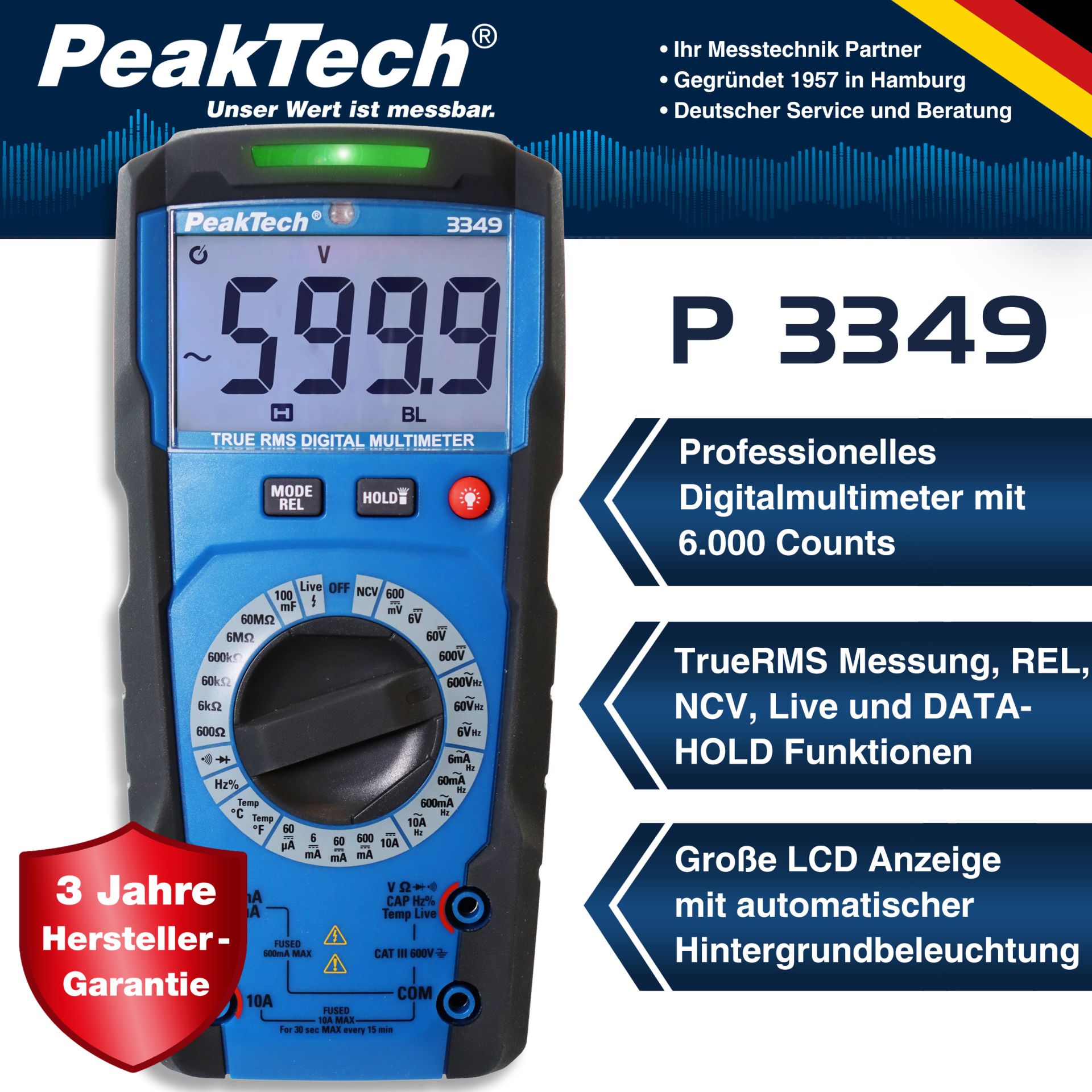 PeakTech P 3349 TrueRMS Digitalmultimeter 6.000 Counts, Man. Range
