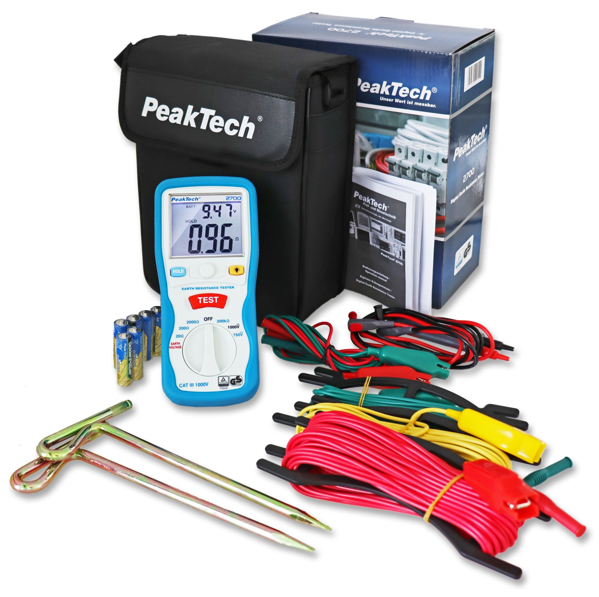 PeakTech P 2700 Digitales Erdungsmessgerät, 0-2000Ω, CAT III 1000V