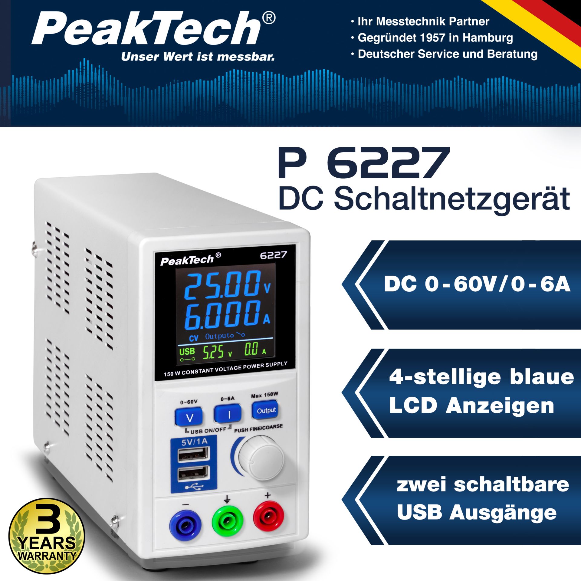 PeakTech P 6227 DC Schaltnetzgerät 0-60 V / 0-6 A mit 2 x USB