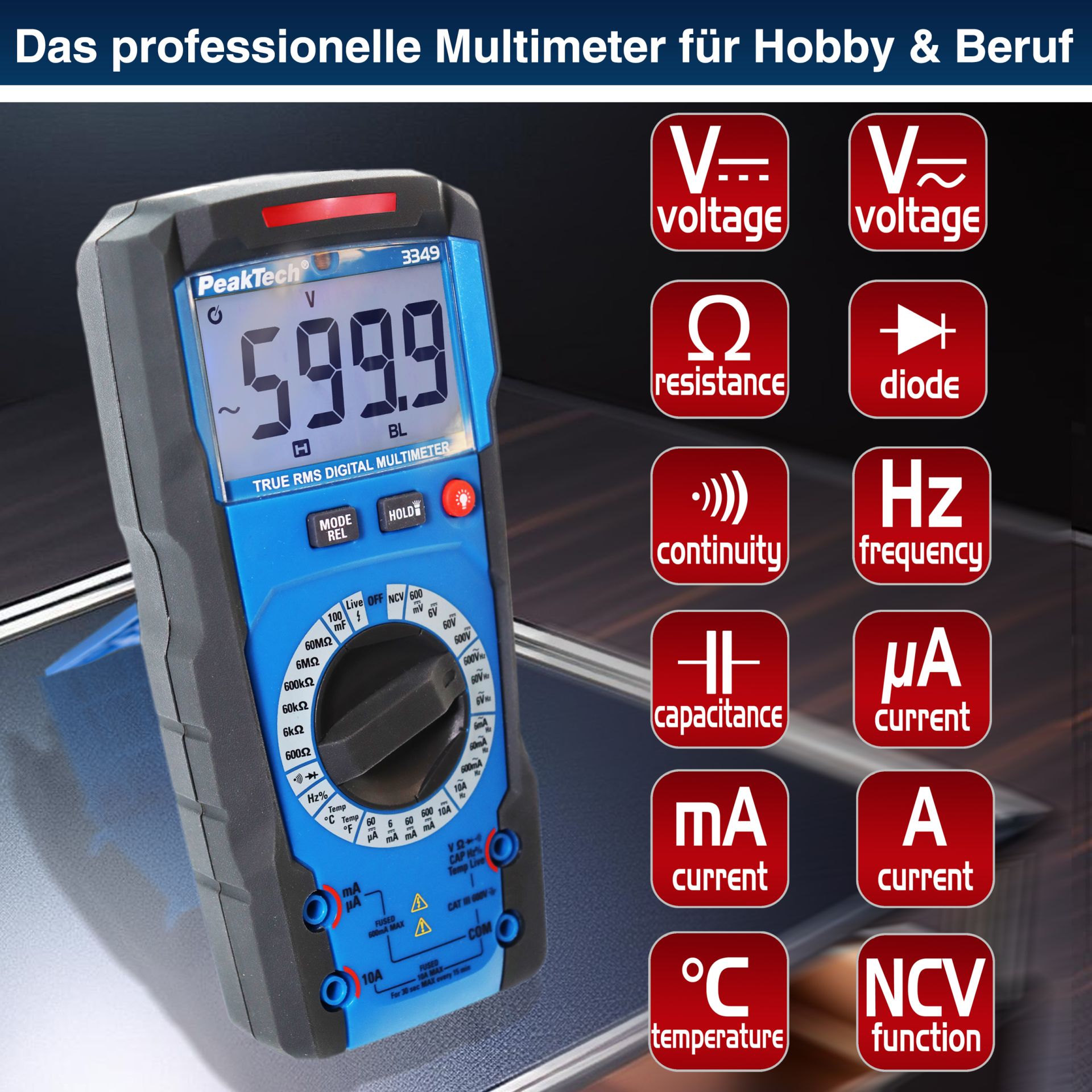 PeakTech P 3349 TrueRMS Digitalmultimeter 6.000 Counts, Man. Range