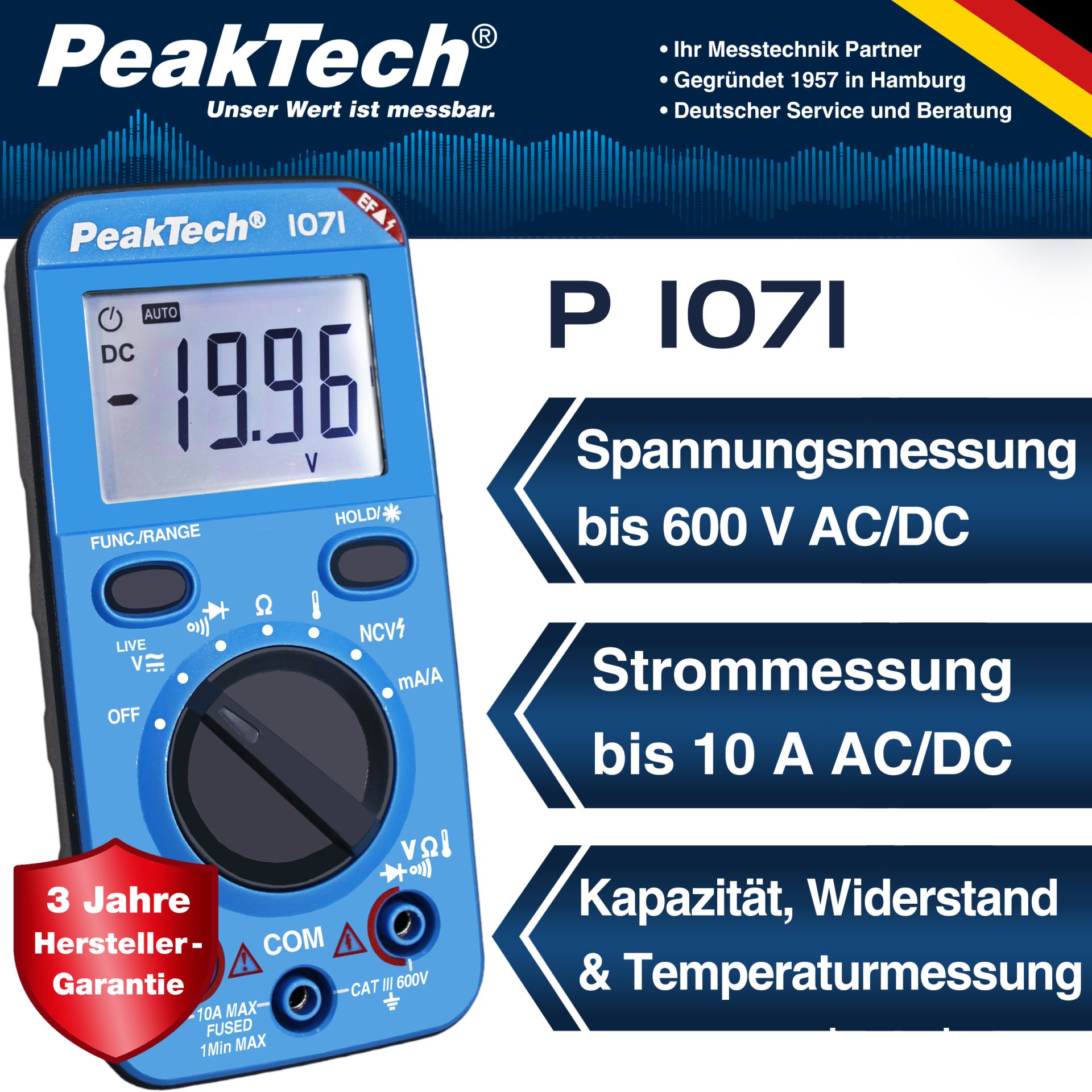 PeakTech P 1071 600V AC/DC Digitalmultimeter mit NCV und Live-Test