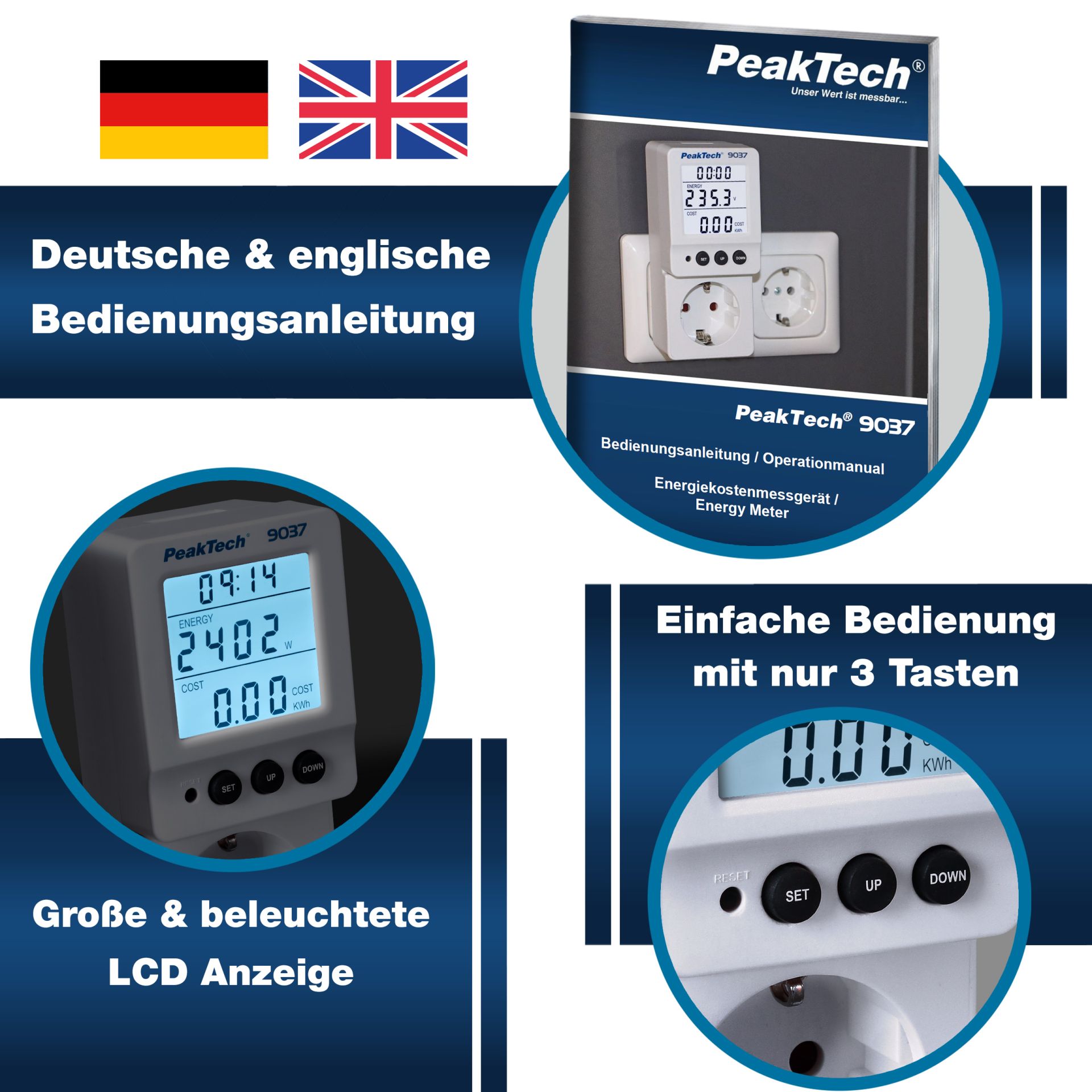 PeakTech P 9037 Energiekostenmessgerät 0,1W Auflösung mit schwenkbarem LCD