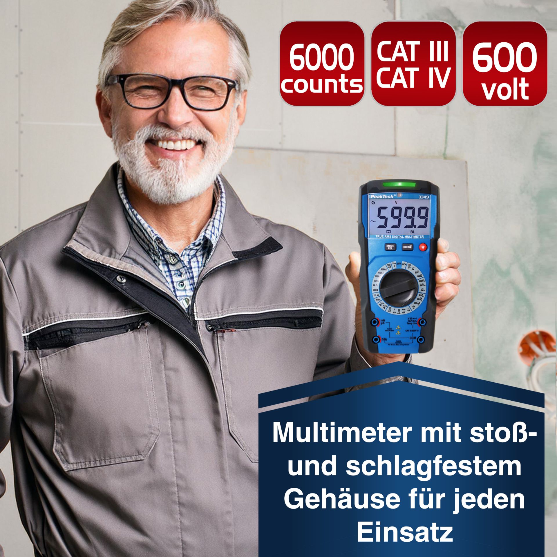PeakTech P 3349 TrueRMS Digitalmultimeter 6.000 Counts, Man. Range