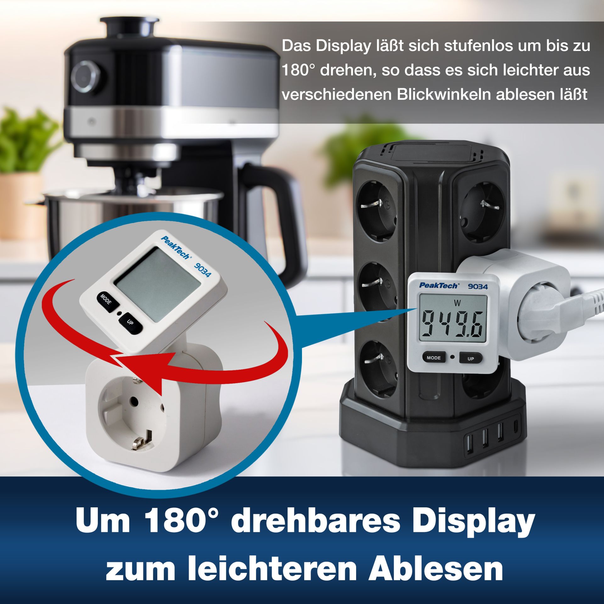PeakTech P 9034 Energiekostenmessgerät 0,1W Auflösung mit drehbarer Anzeige