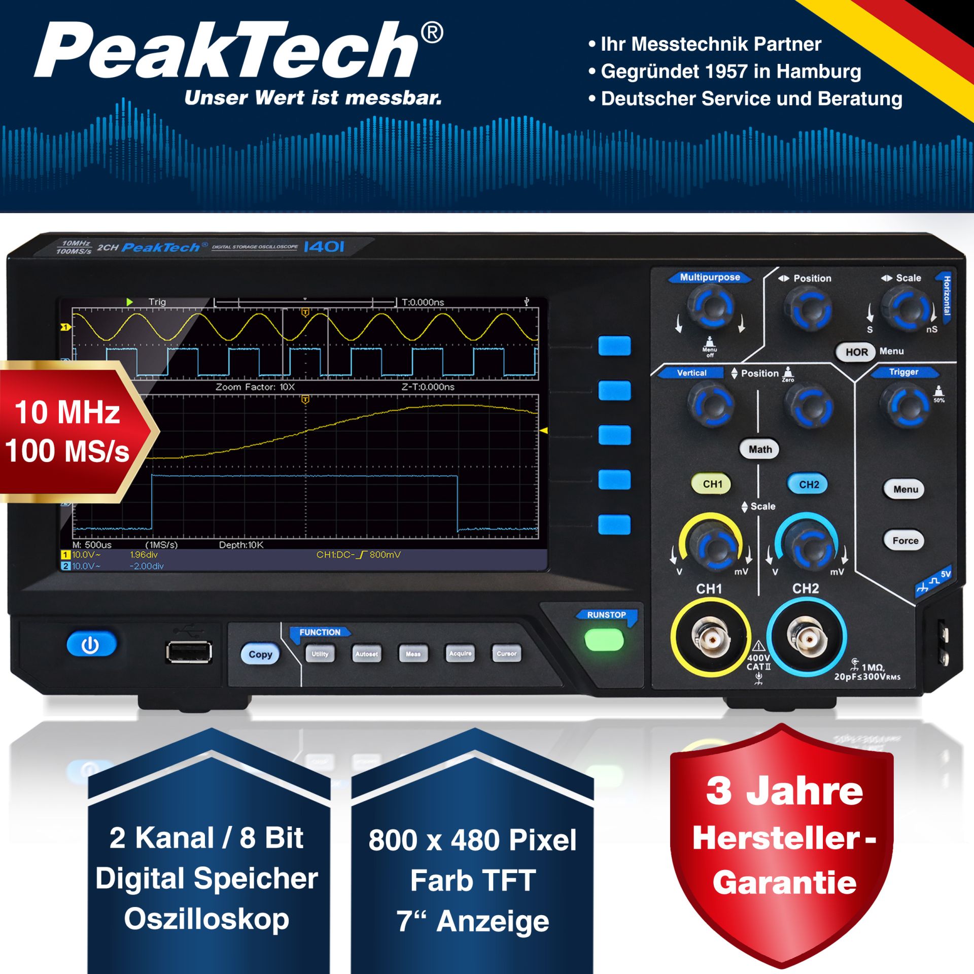 PeakTech P 1401 10 MHz / 2 CH, 100 MS/s Digitalspeicheroszilloskop