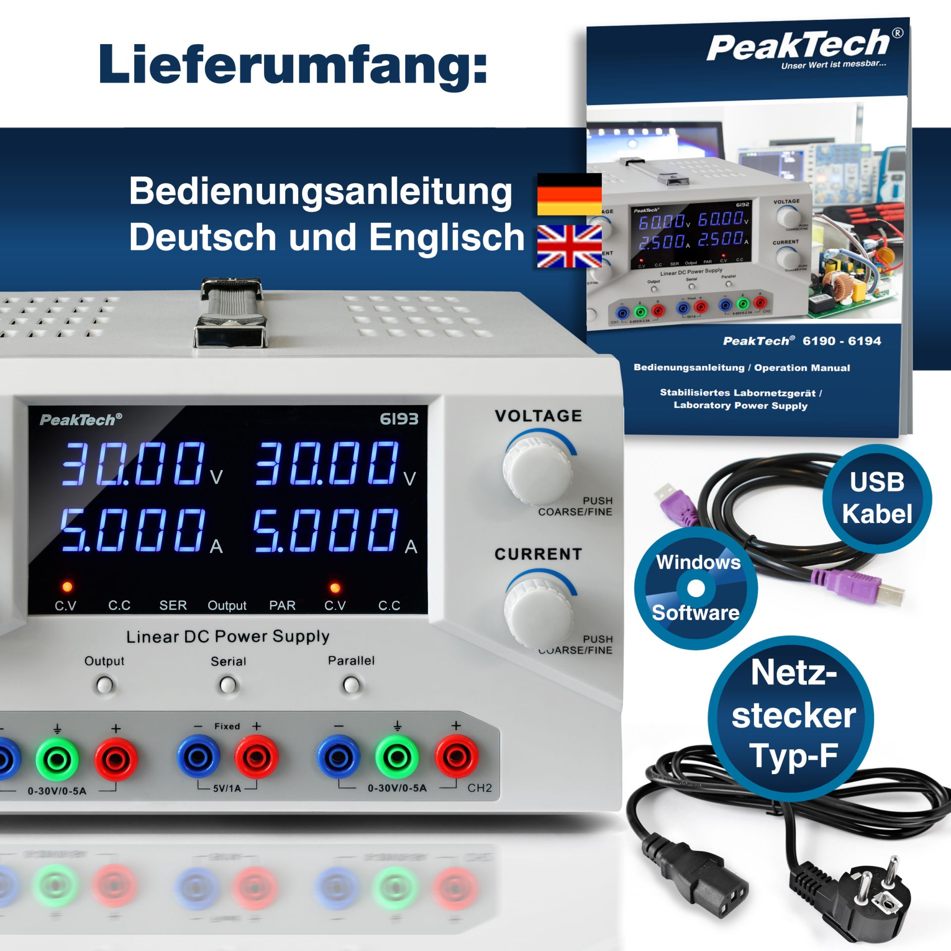 PeakTech P 6193 Digital Labornetzgerät 2x 0-30 V / 0-5 A DC & USB