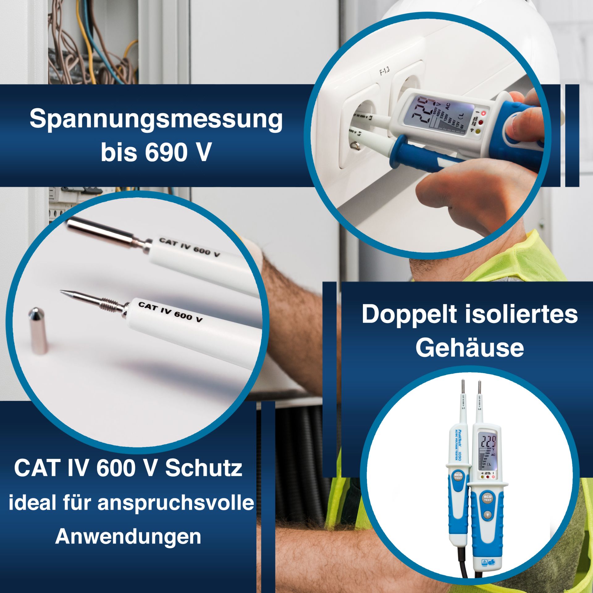 PeakTech P 1090 AC/DC-Spannungsprüfer mit FI-Test und LCD-Anzeige