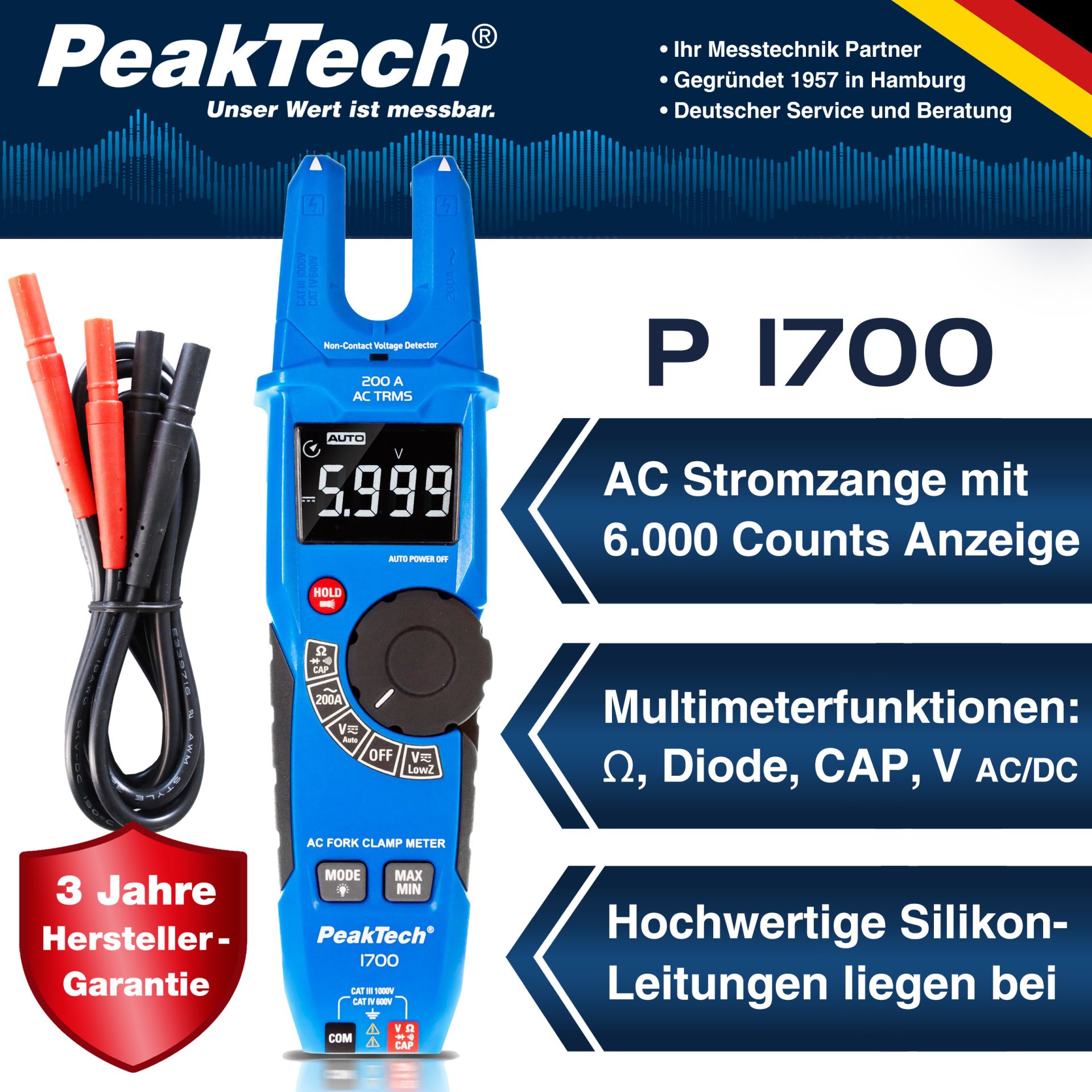 PeakTech® P 1700» TRMS Gabelstromzange, 6.000 Counts, 200A AC, 1000V