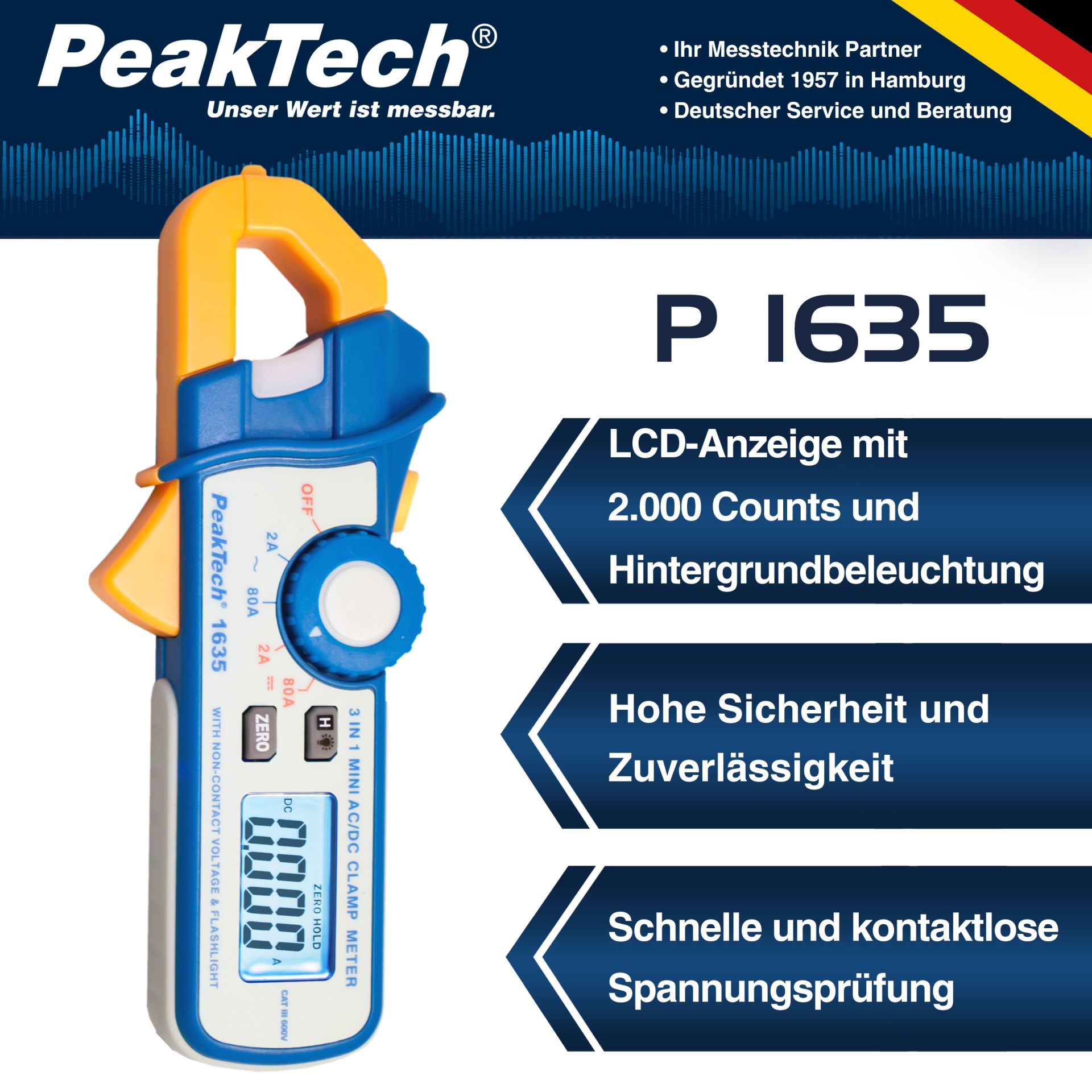 PeakTech P 1635 Kriechstromzange 2 / 80 A AC/DC mit 1mA Auflösung