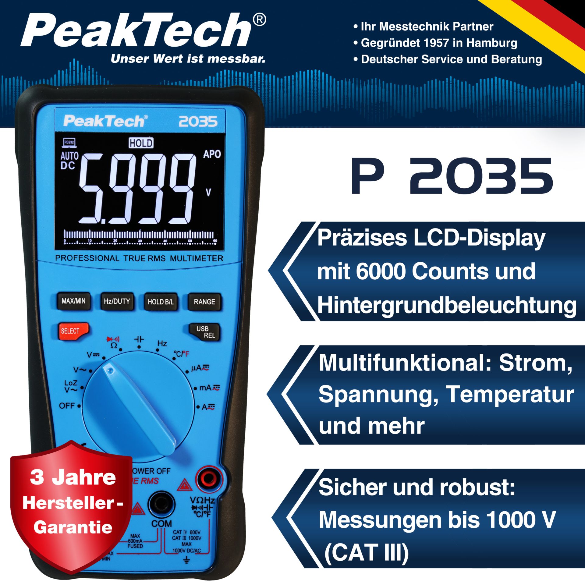 PeakTech P 2035 True RMS 1000 V Digitalmultimeter 6000 Counts, USB