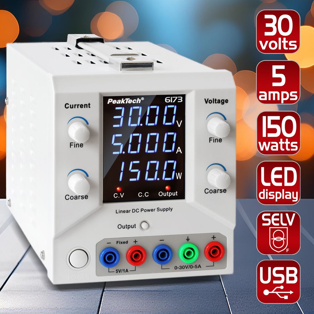 PeakTech P 6173 Digital Labornetzgerät 0-30 V / 0-5 A DC & USB