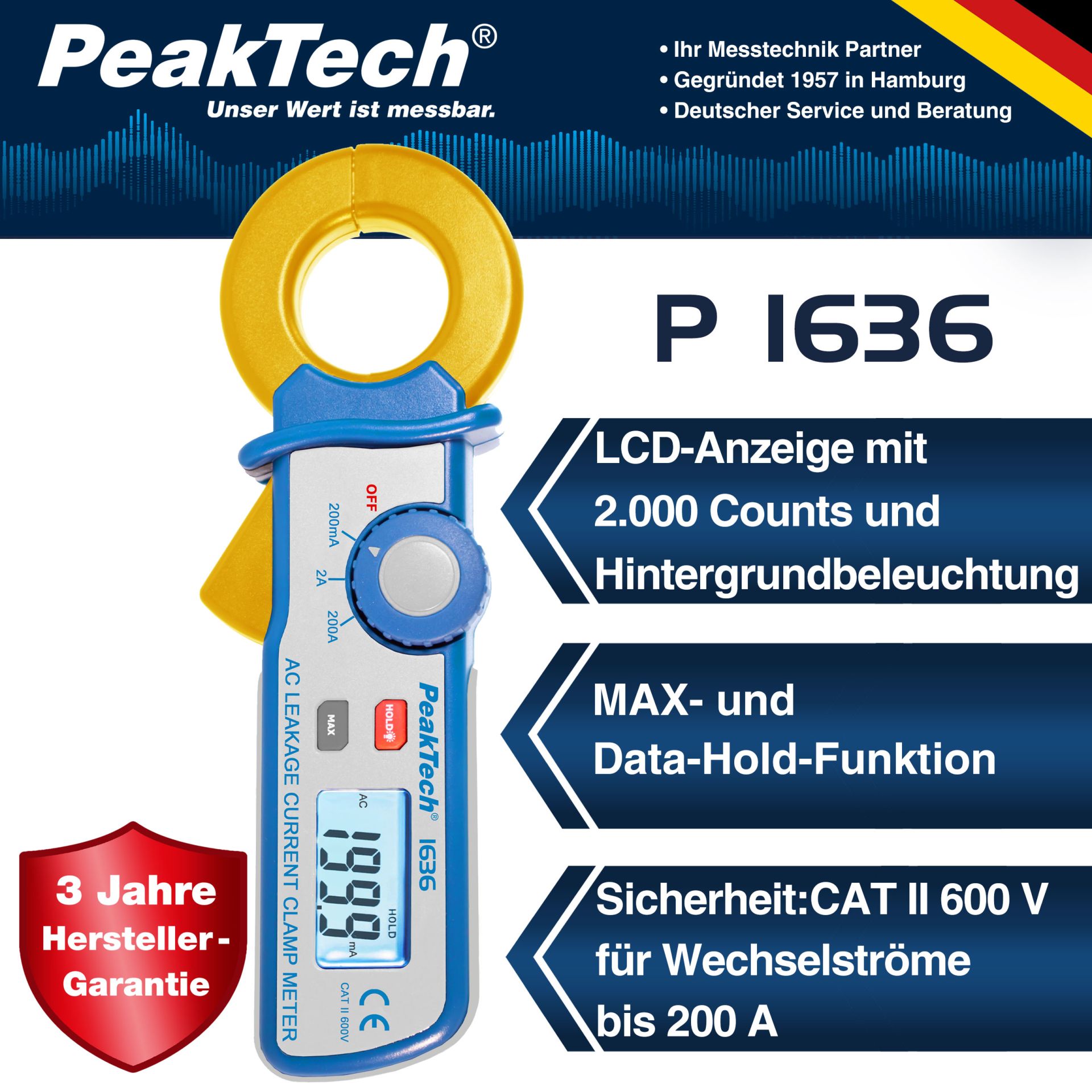 PeakTech P 1636 Kriechstromzange 2.000 Counts mit 100 µA Auflösung