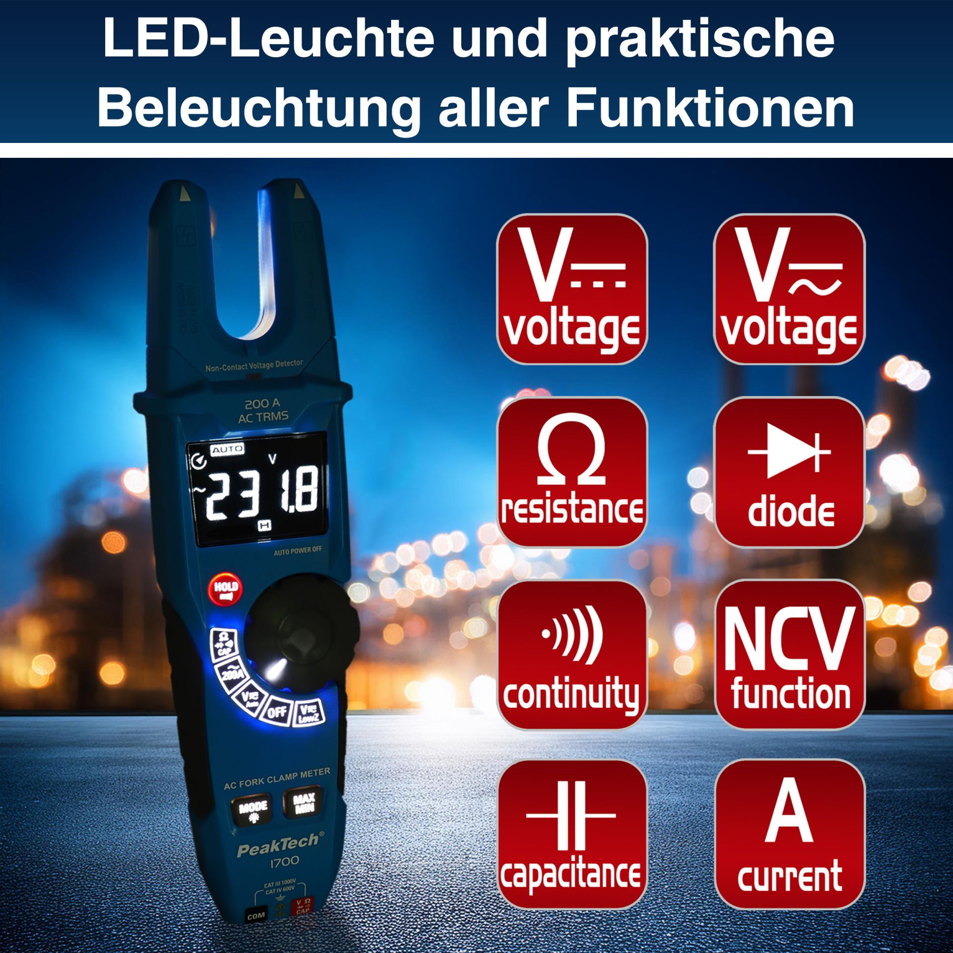 PeakTech® P 1700» TRMS Gabelstromzange, 6.000 Counts, 200A AC, 1000V