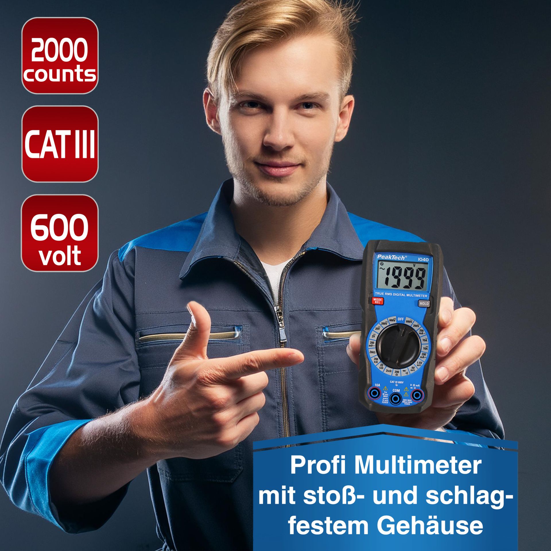 PeakTech P 1040 TrueRMS Digital Multimeter 2000 Counts, Man. Range