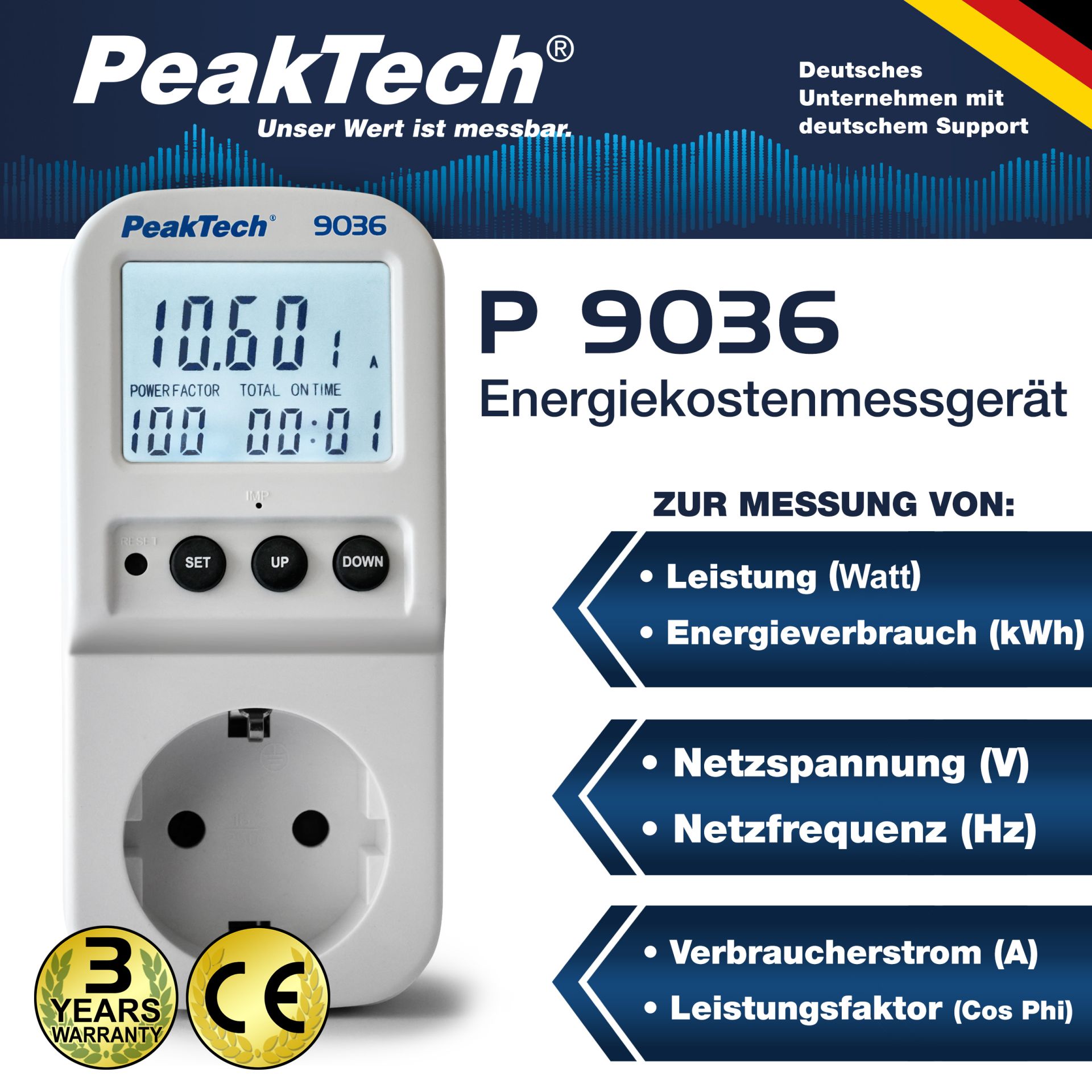 PeakTech P 9036 Energiekostenmessgerät 0,1W Auflösung mit beleuchteter LCD