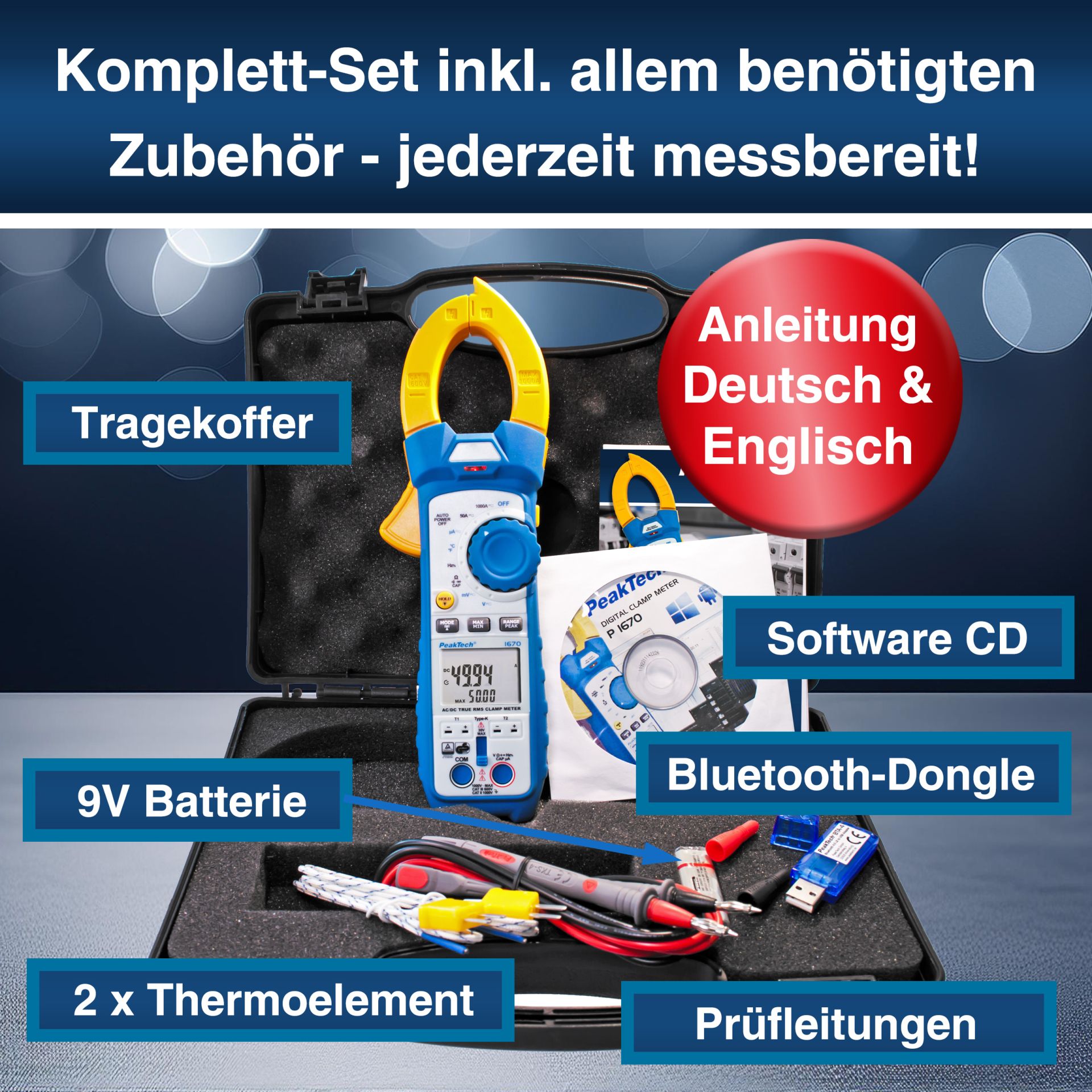 PeakTech P 1670 TrueRMS Stromzange 50.000 Counts 1000 A AC/DC, BT