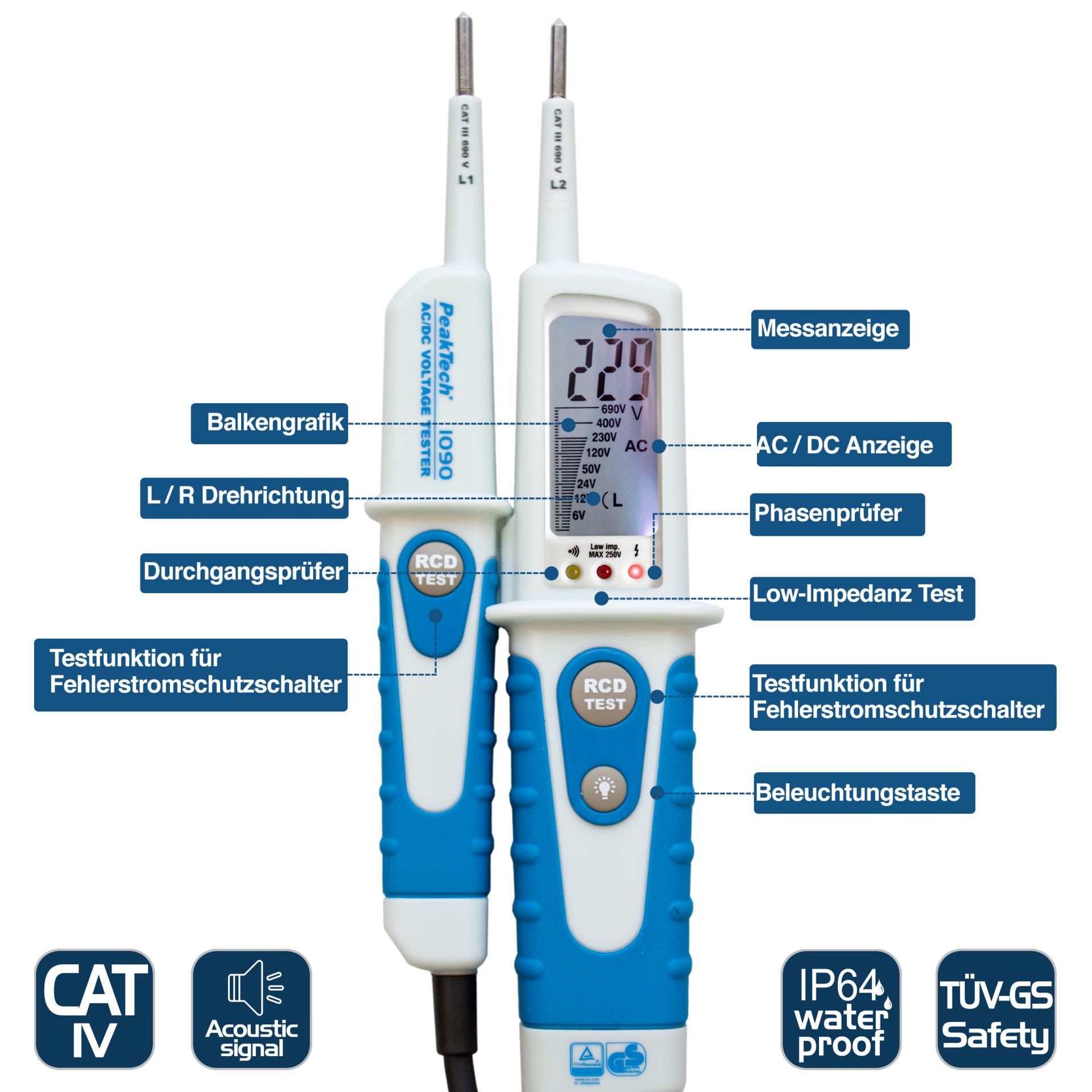 PeakTech P 1090 AC/DC-Spannungsprüfer mit FI-Test und LCD-Anzeige