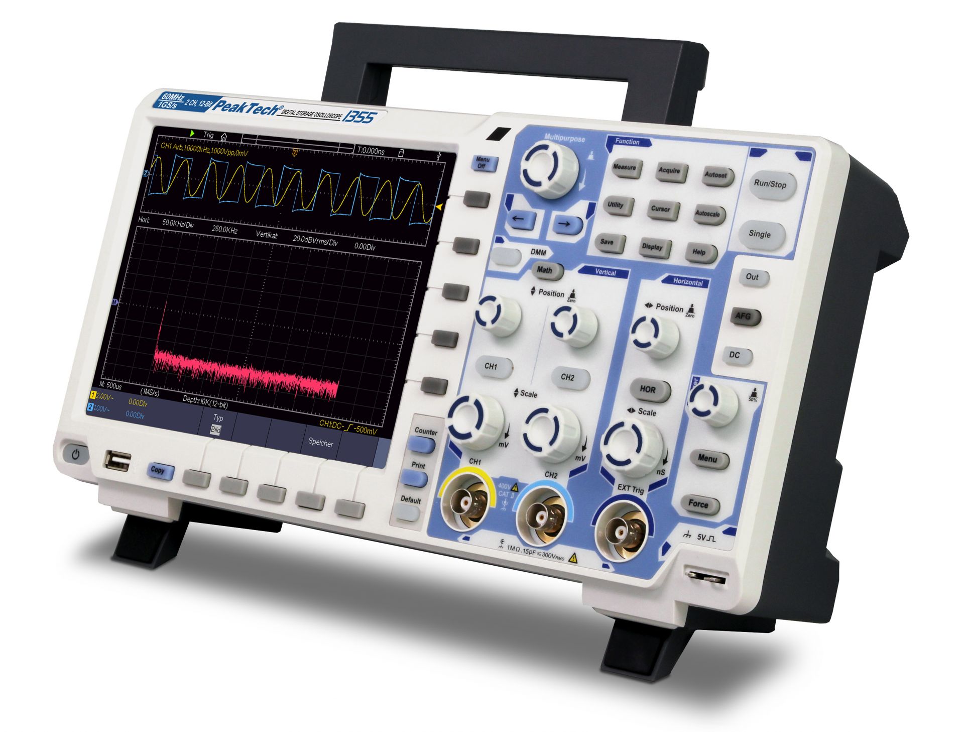 PeakTech P 1355 60 MHz / 2 CH, 1 GS/s Touchscreen-Oszilloskop