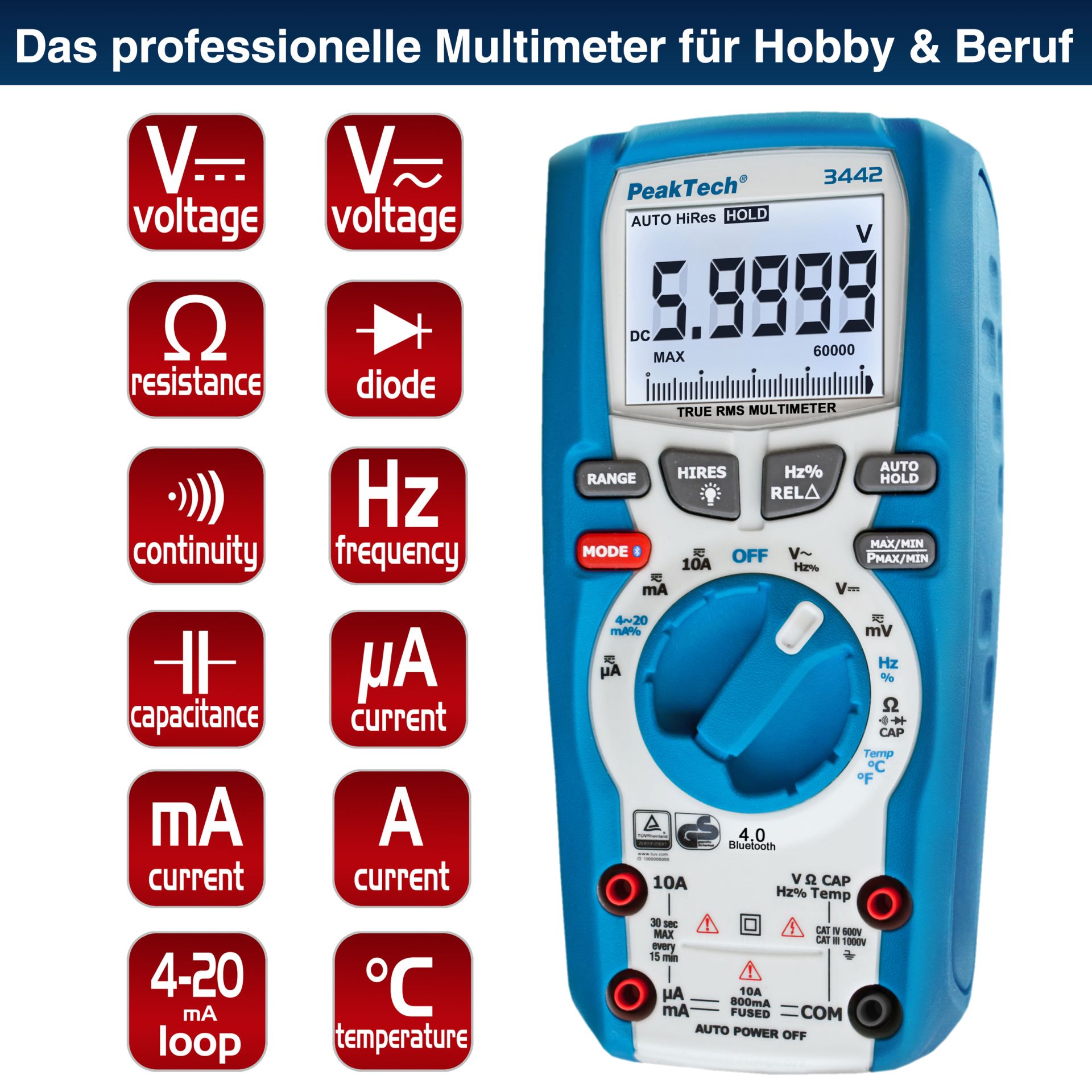 PeakTech P 3442 TrueRMS Digitalmultimeter 60.000 Counts, BT