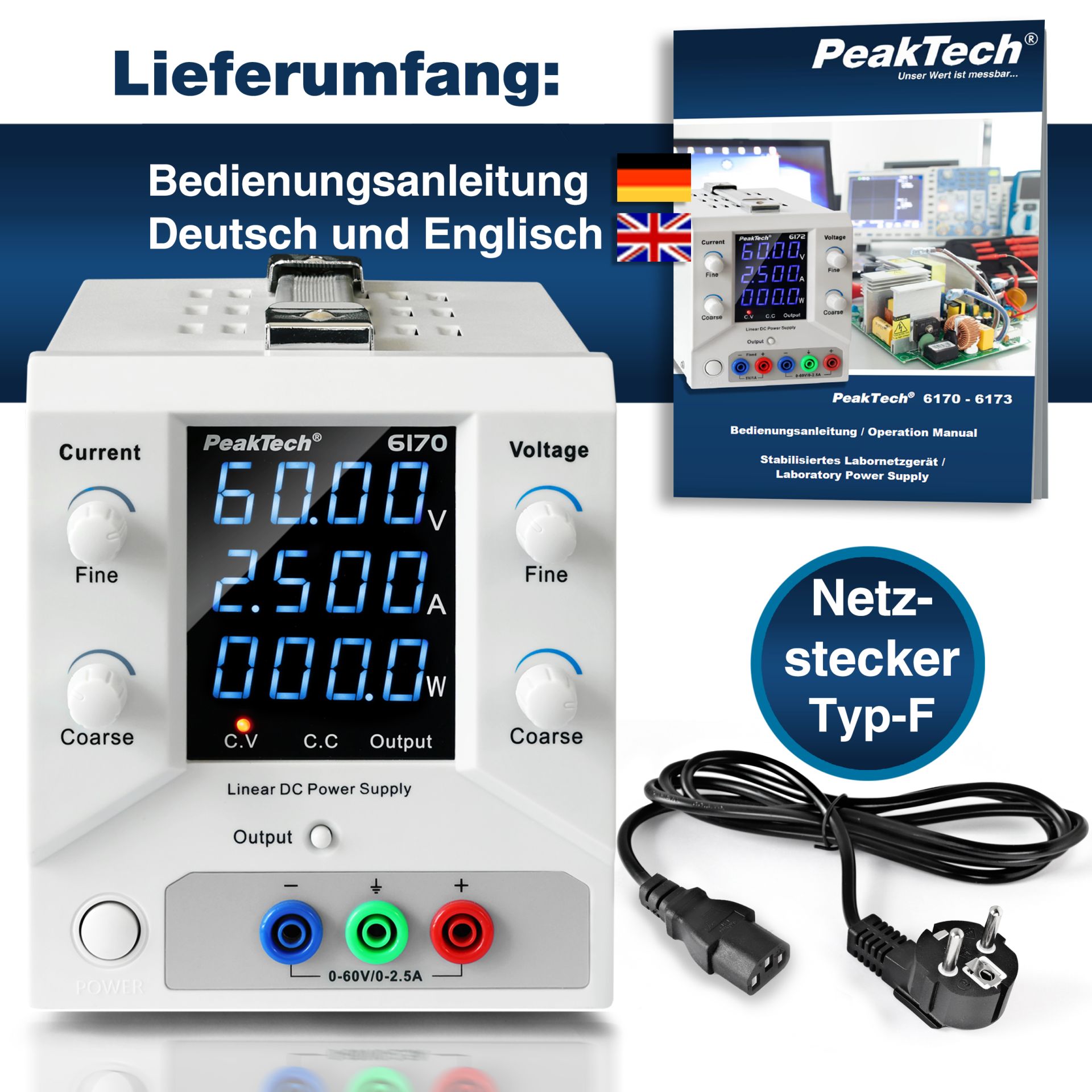 PeakTech P 6170 Digital Labornetzgerät 0-60 V / 0-2,5 A DC