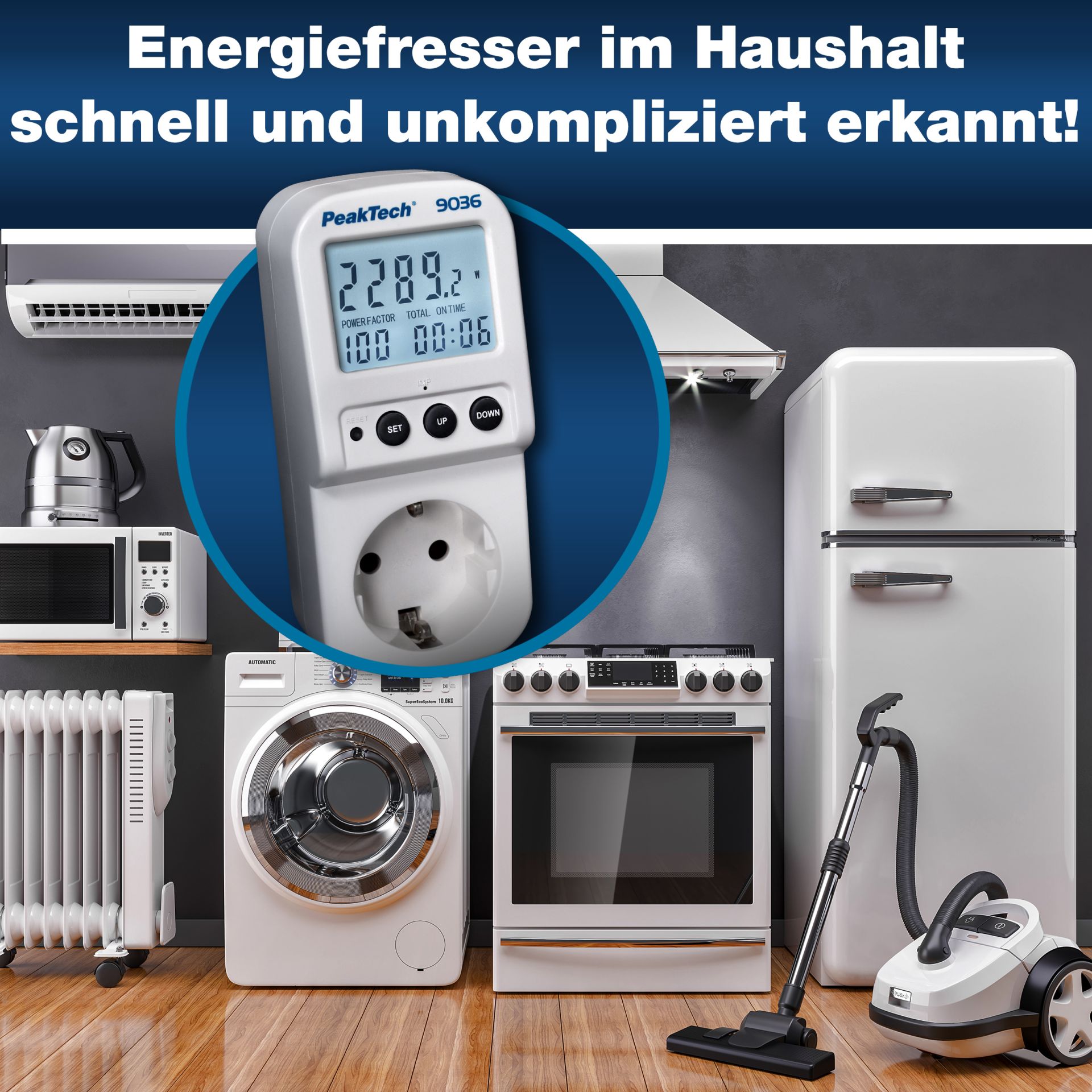 PeakTech P 9036 Energiekostenmessgerät 0,1W Auflösung mit beleuchteter LCD