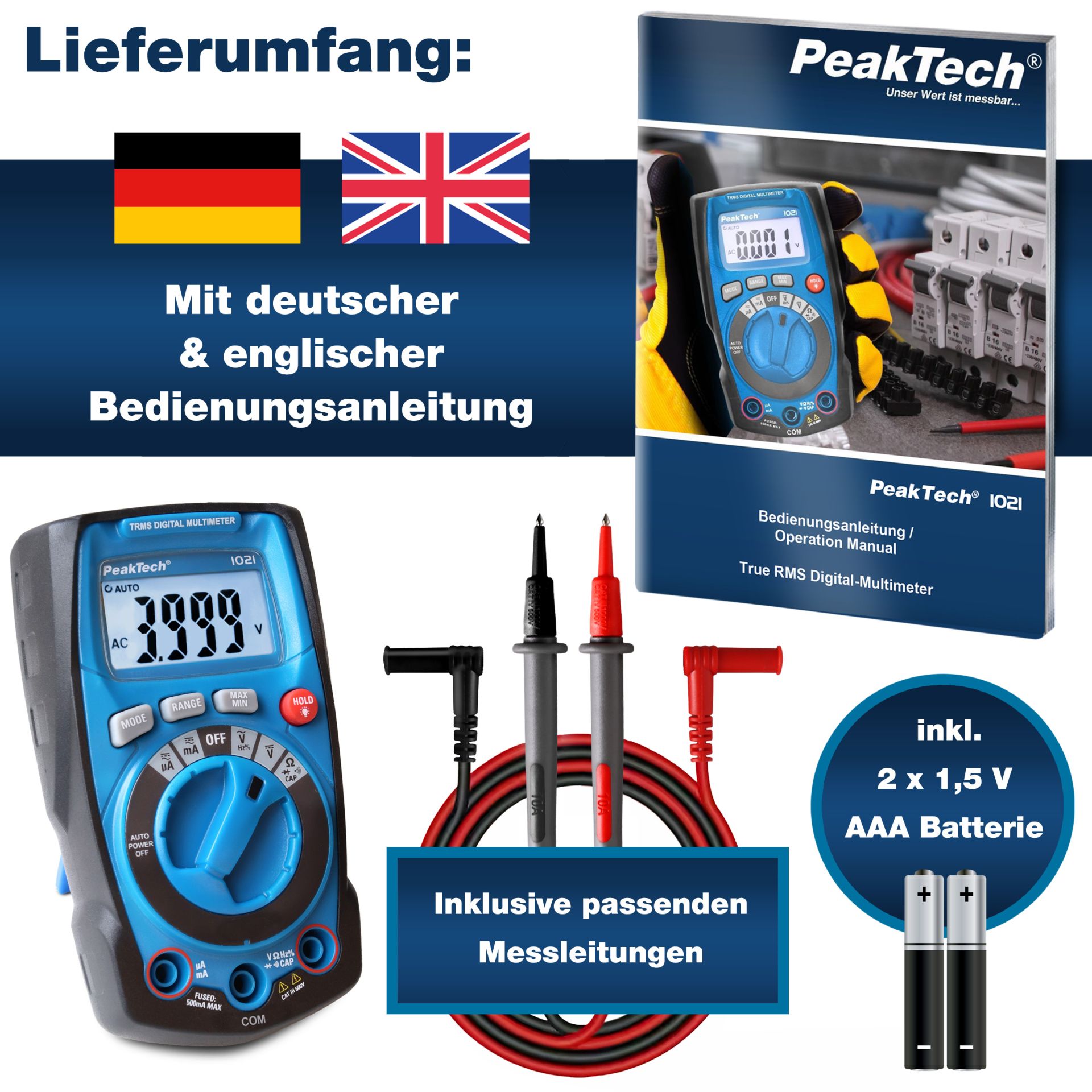 PeakTech P 1021 TrueRMS Digital Multimeter 4000 Counts, Auto.Range