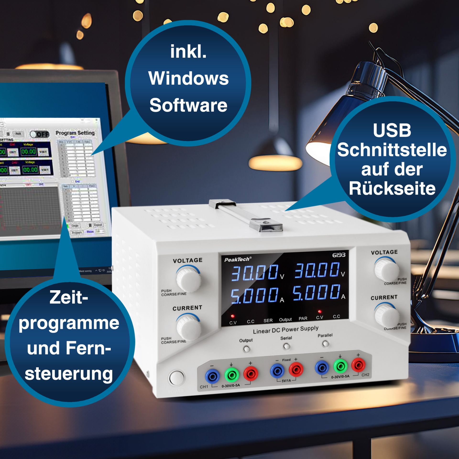 PeakTech P 6193 Digital Labornetzgerät 2x 0-30 V / 0-5 A DC & USB