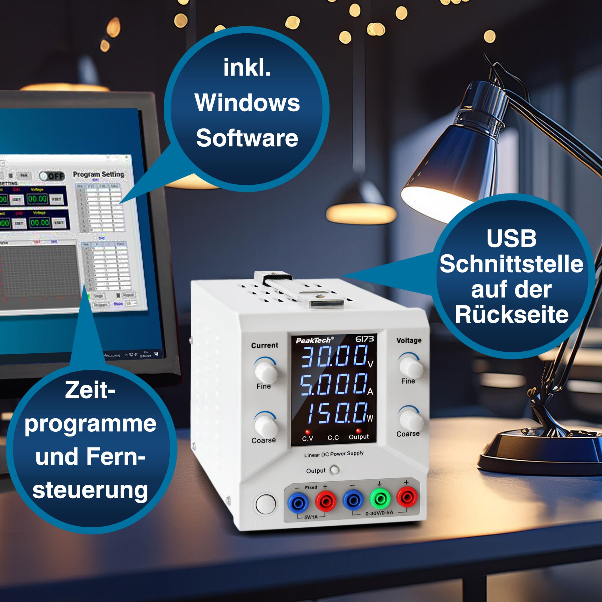 PeakTech P 6173 Digital Labornetzgerät 0-30 V / 0-5 A DC & USB