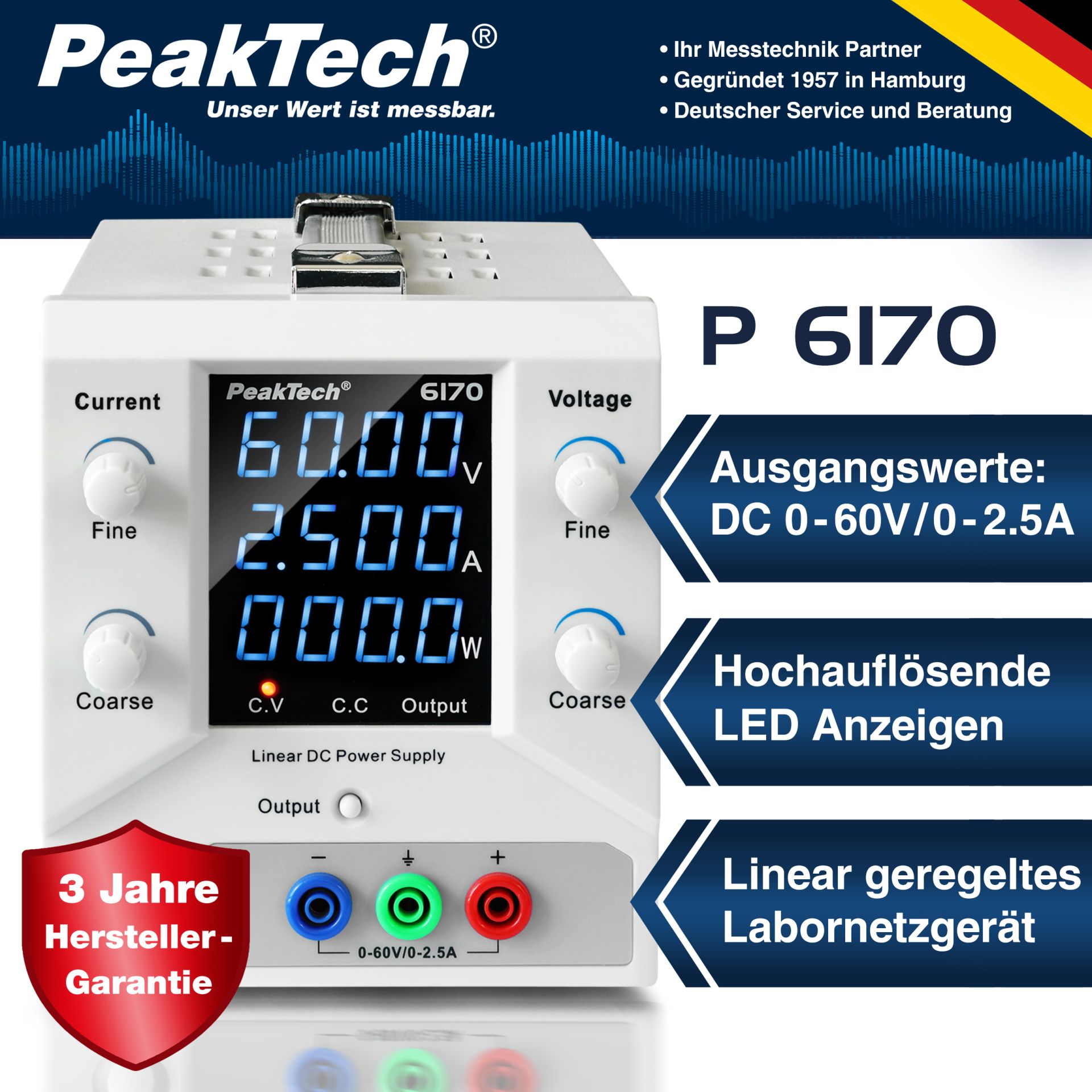 PeakTech P 6170 Digital Labornetzgerät 0-60 V / 0-2,5 A DC