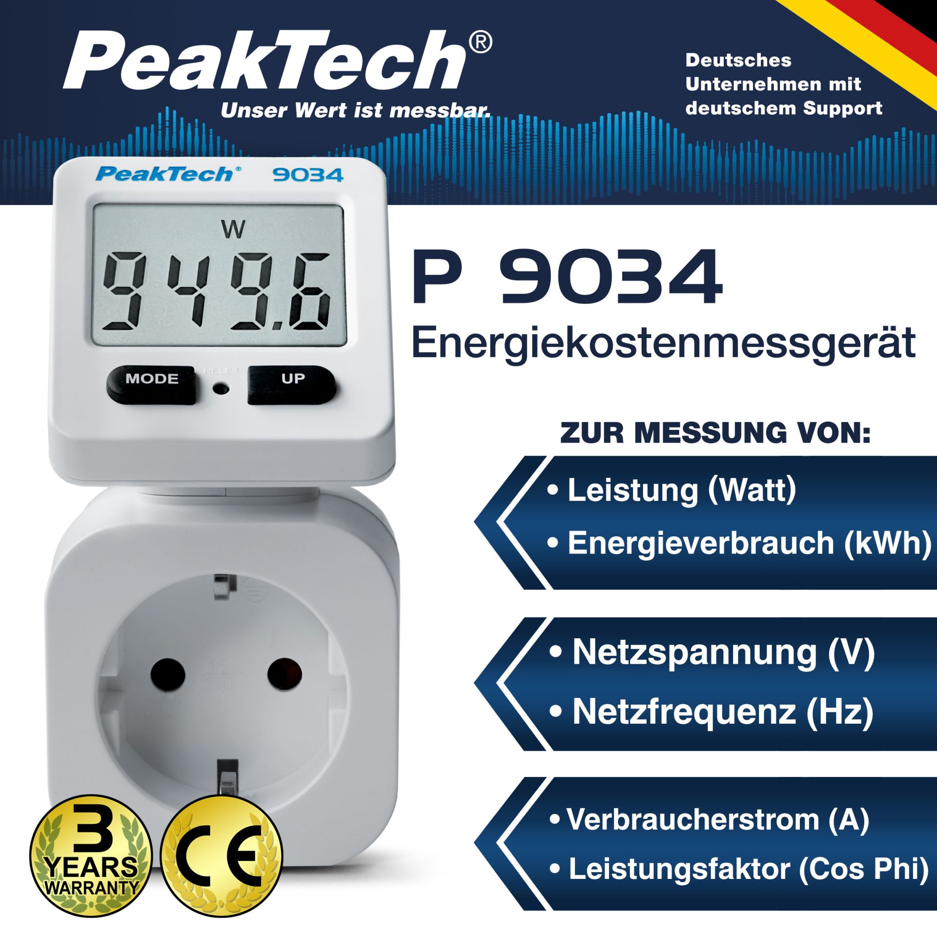 PeakTech P 9034 Energiekostenmessgerät 0,1W Auflösung mit drehbarer Anzeige
