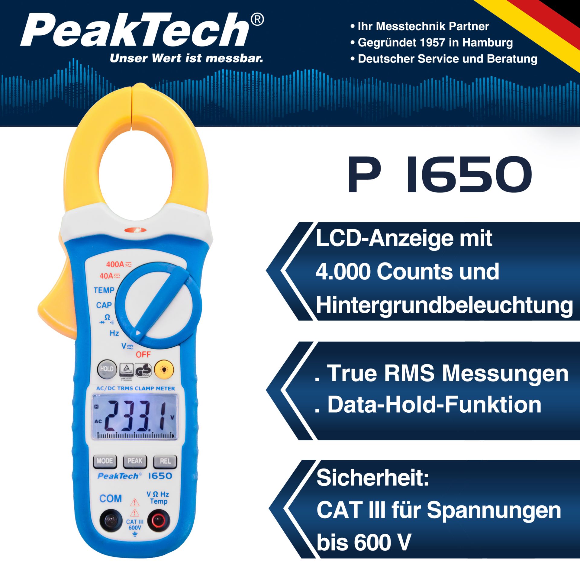 PeakTech P 1650 TrueRMS Stromzange 4.000 Counts 400 A AC/DC
