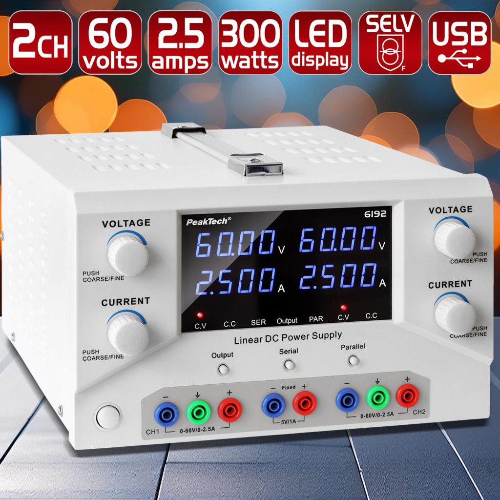 PeakTech P 6192 Digital Labornetzgerät 2x 0-60 V / 0-2,5 A DC & USB