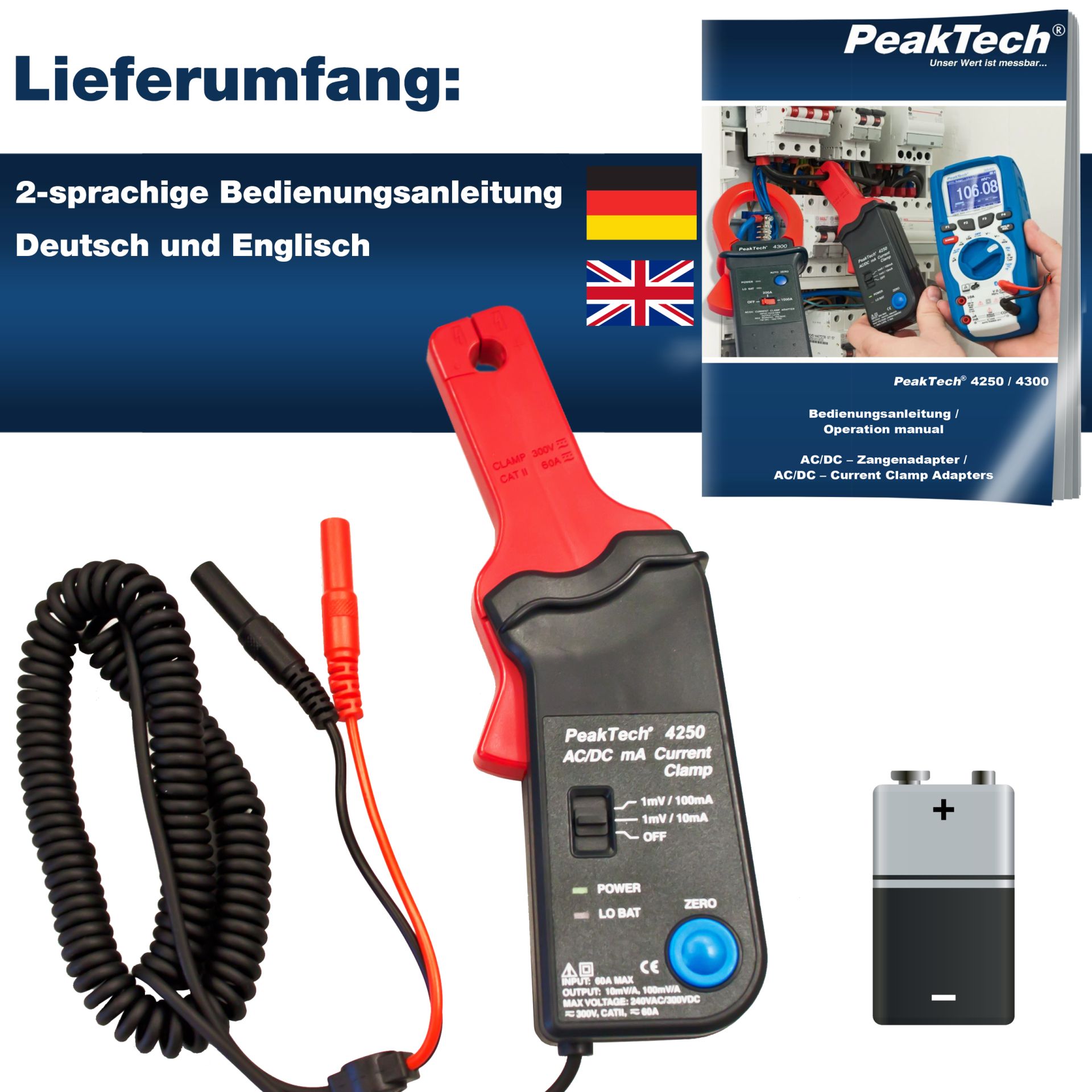 PeakTech P 4250 Stromzangenadapter 60A AC/DC mit 4mm Stecker
