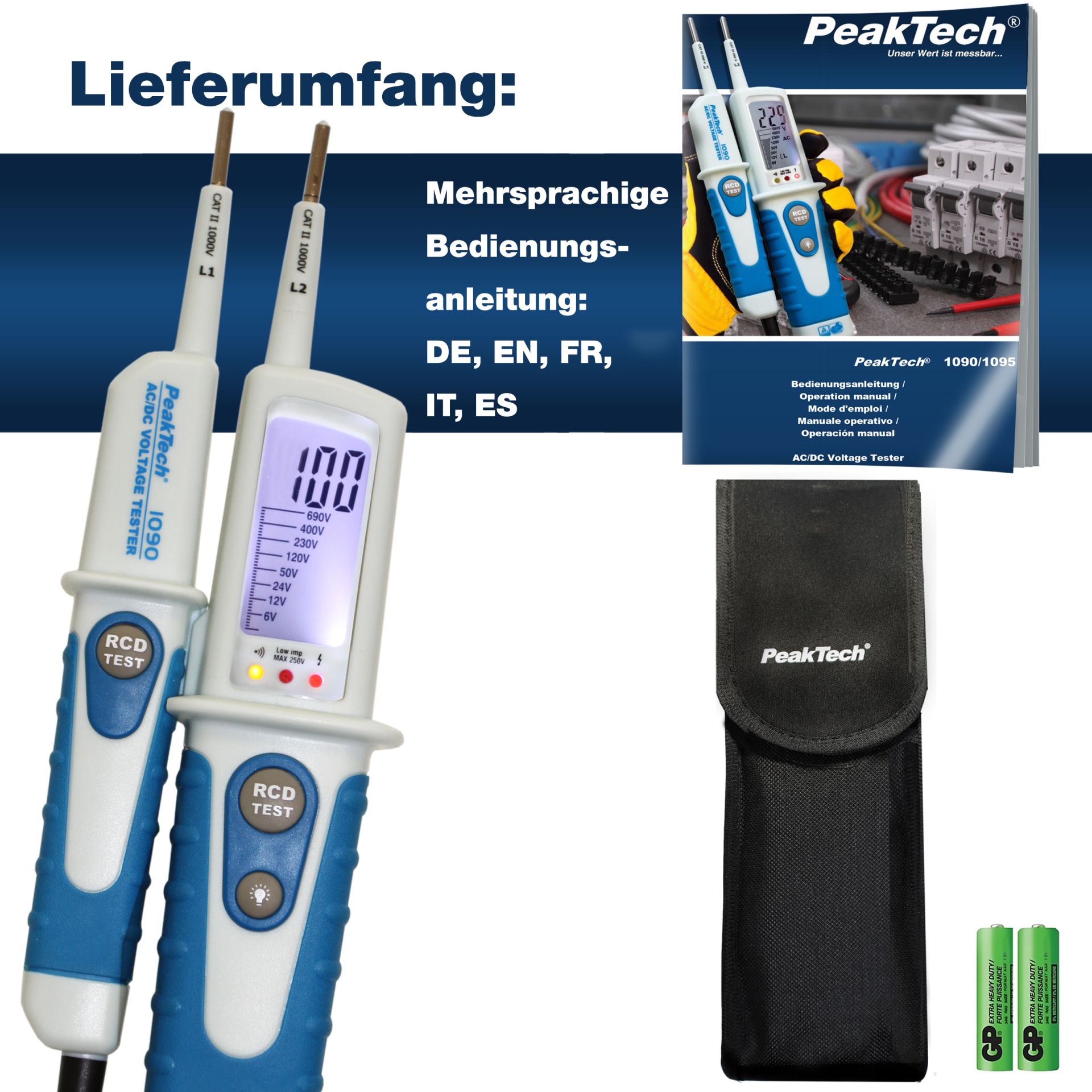 PeakTech P 1090 AC/DC-Spannungsprüfer mit FI-Test und LCD-Anzeige
