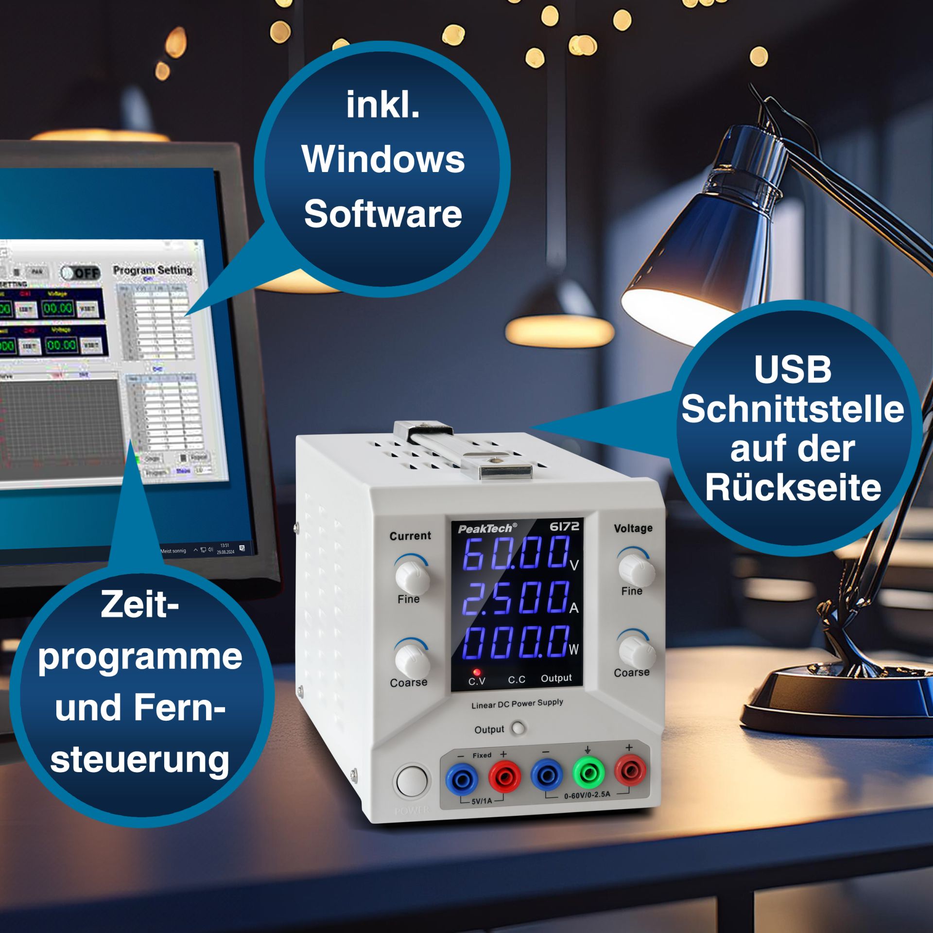 PeakTech P 6172 Digital Labornetzgerät 0-60 V / 0-2,5 A DC & USB