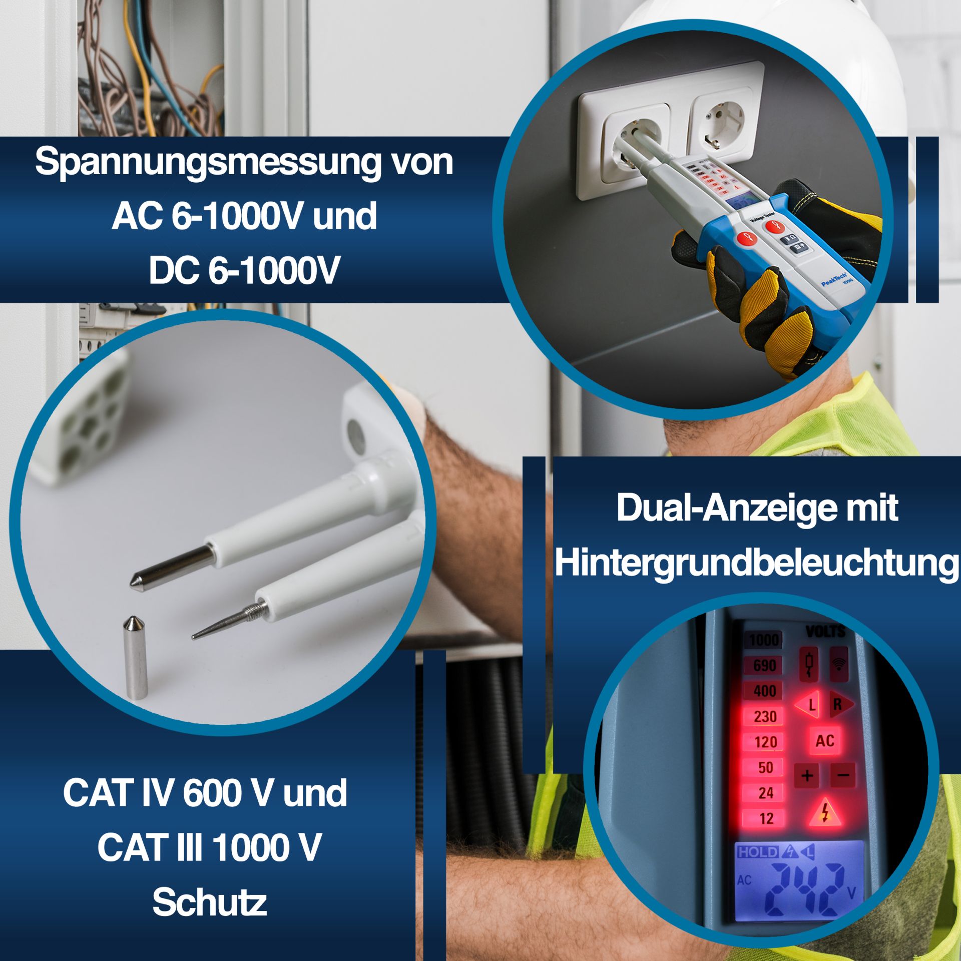 PeakTech P 1096 AC/DC-Spannungsprüfer mit FI-Test und Dual-Anzeige
