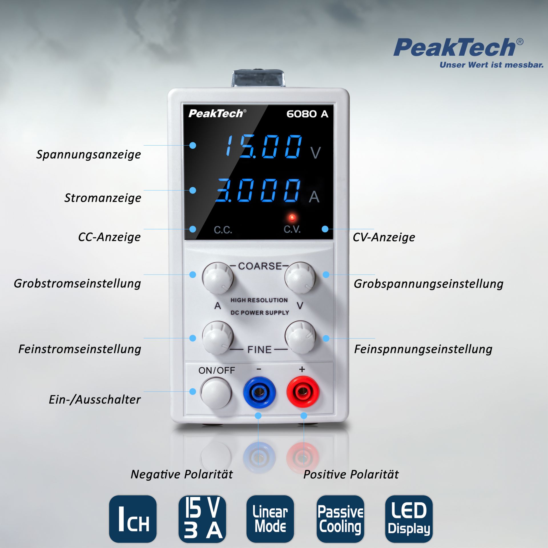 PeakTech P 6080 A Lineares Digital Labornetzgerät, 0-15 V/0-3 A DC