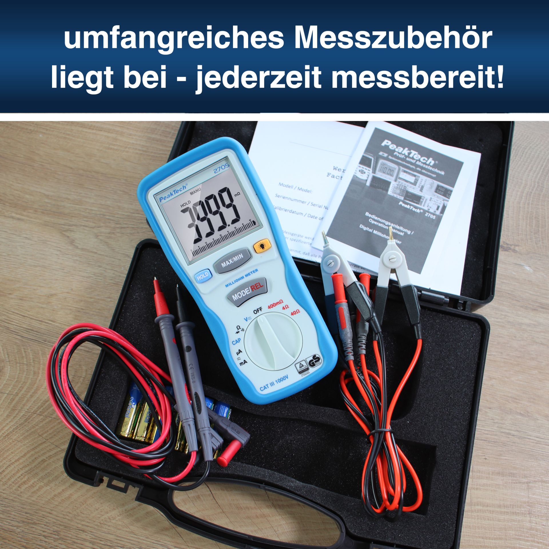 PeakTech P 2705 Digital-Milliohmmeter, 4.000 Counts, 400 mΩ/4/40/Ω
