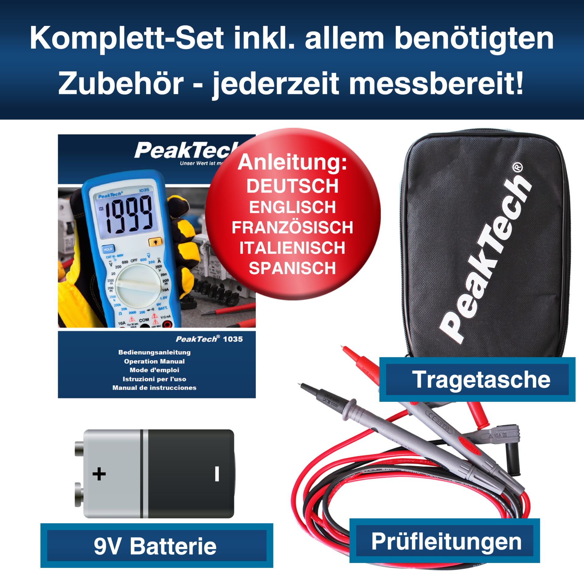 PeakTech P 1035 600V AC/DC Digitalmultimeter ~ 2000 stellige LCD