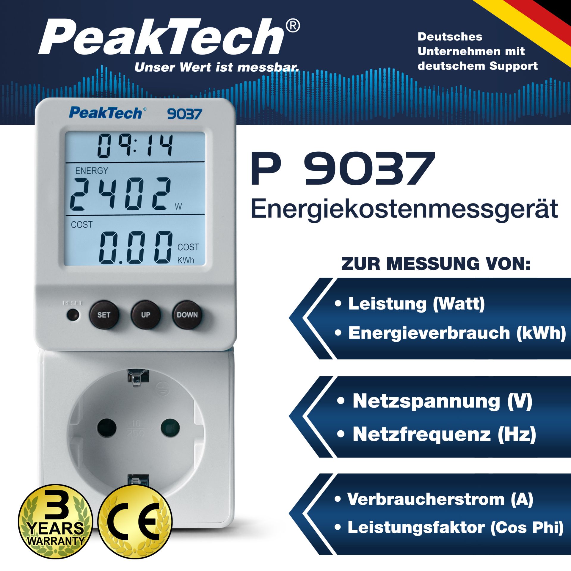 PeakTech P 9037 Energiekostenmessgerät 0,1W Auflösung mit schwenkbarem LCD