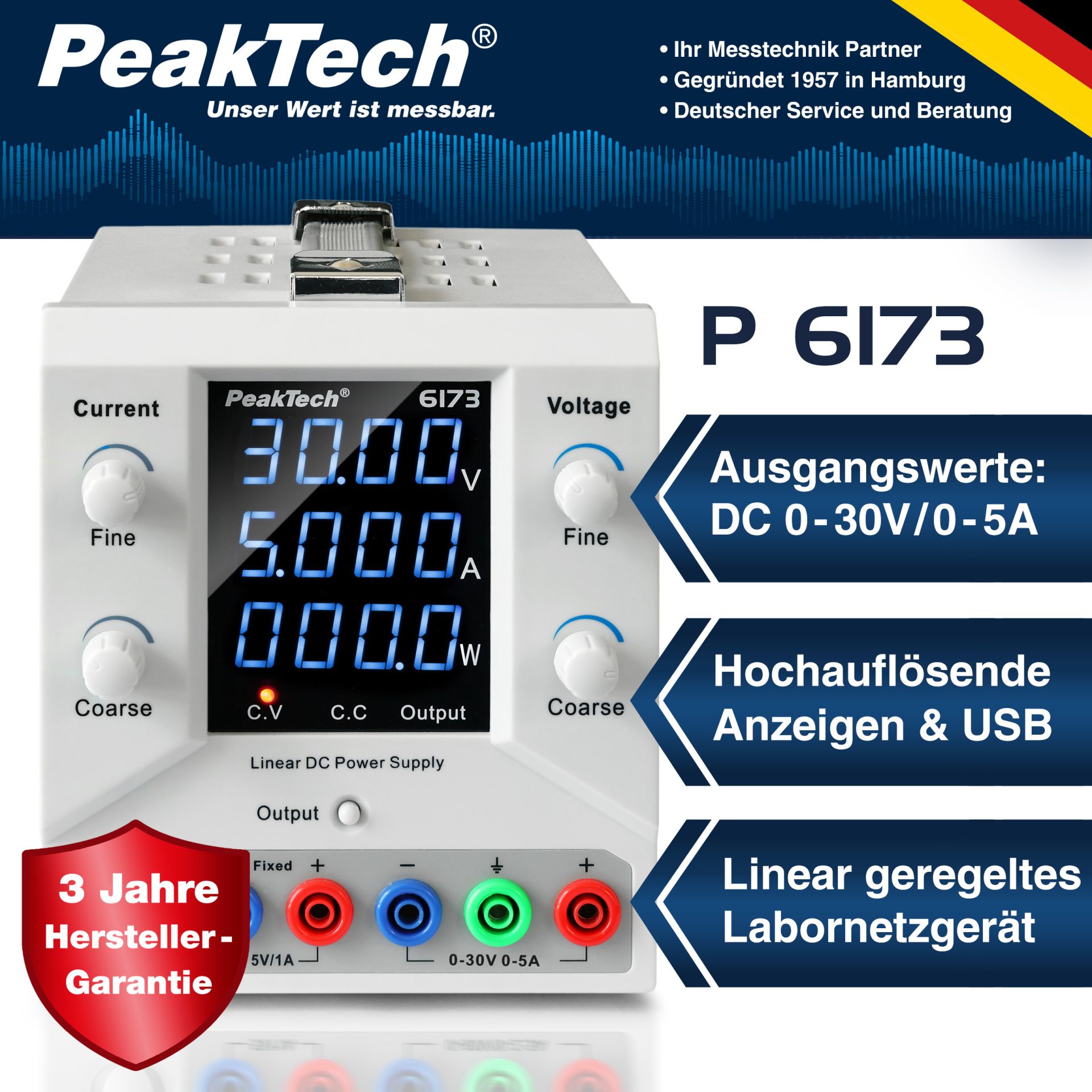 PeakTech P 6173 Digital Labornetzgerät 0-30 V / 0-5 A DC & USB