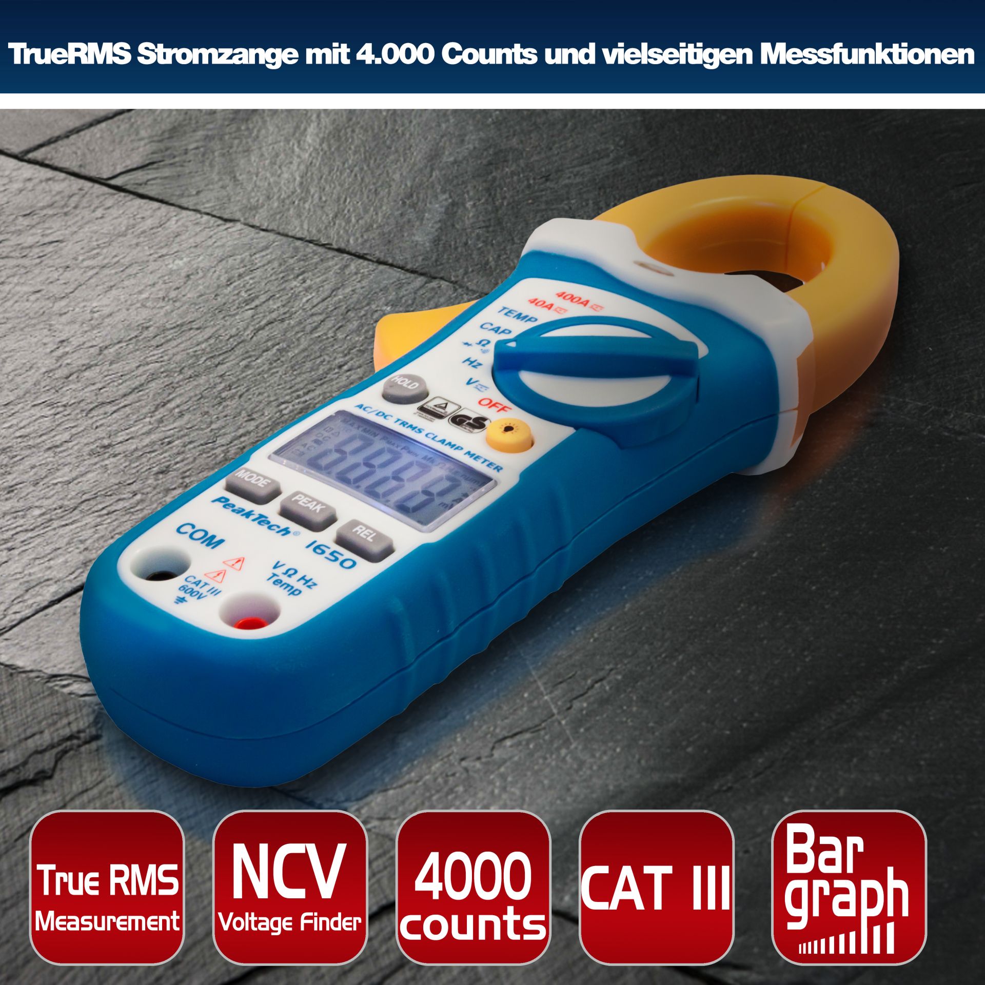 PeakTech P 1650 TrueRMS Stromzange 4.000 Counts 400 A AC/DC