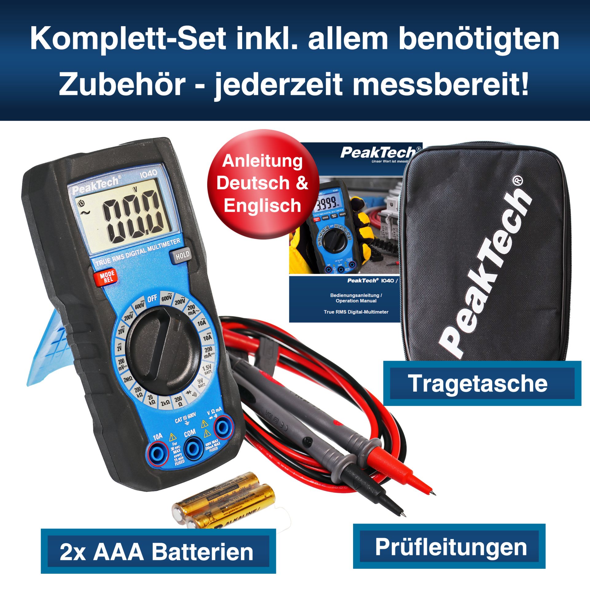 PeakTech P 1040 TrueRMS Digital Multimeter 2000 Counts, Man. Range