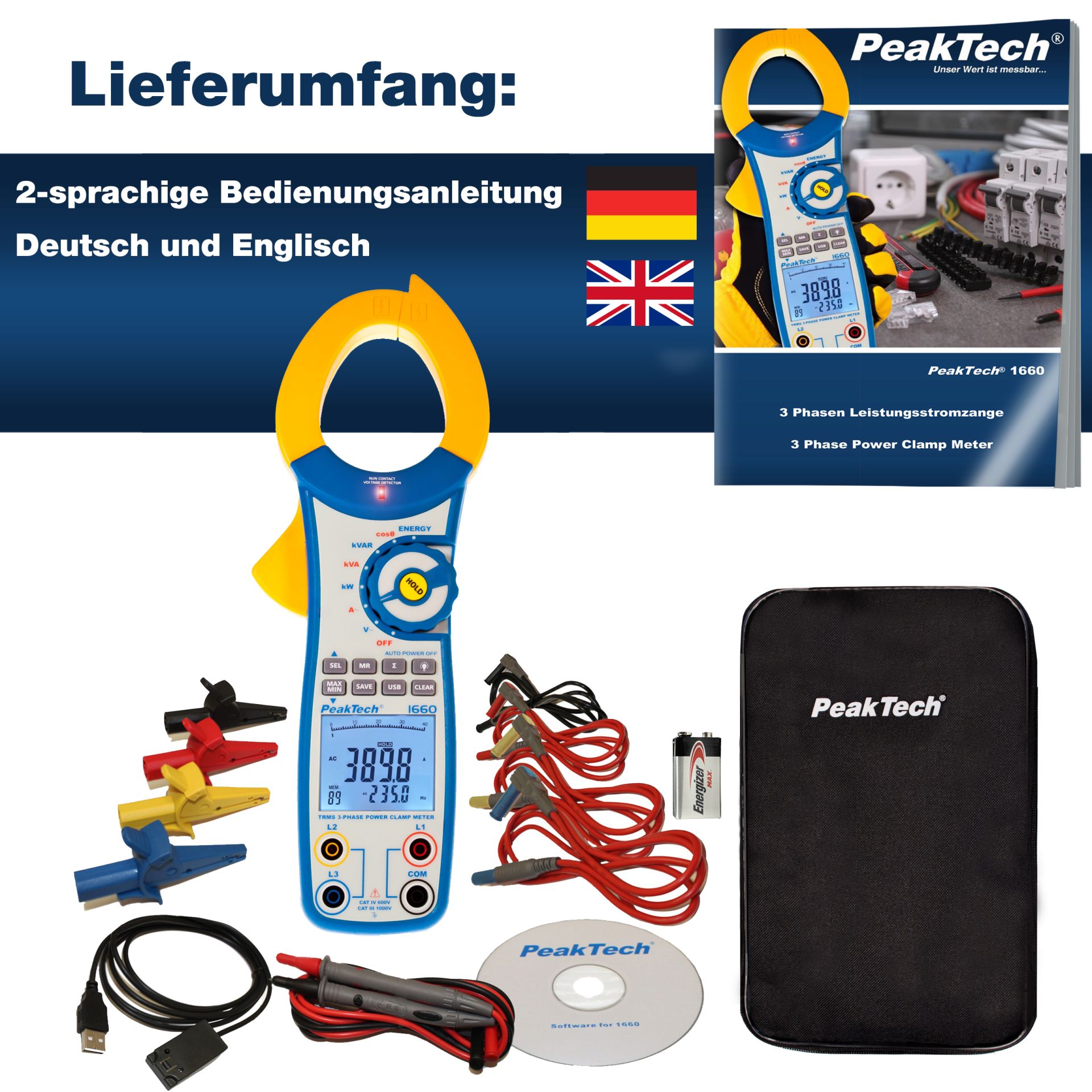 PeakTech P 1660 TrueRMS Leistungs-Stromzange 1000 A AC bis 750 kW