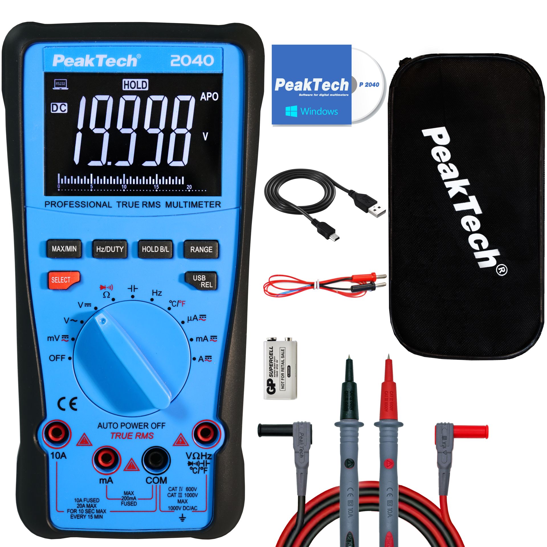 PeakTech P 2040 True RMS 1000V Digitalmultimeter 20000 Counts, USB