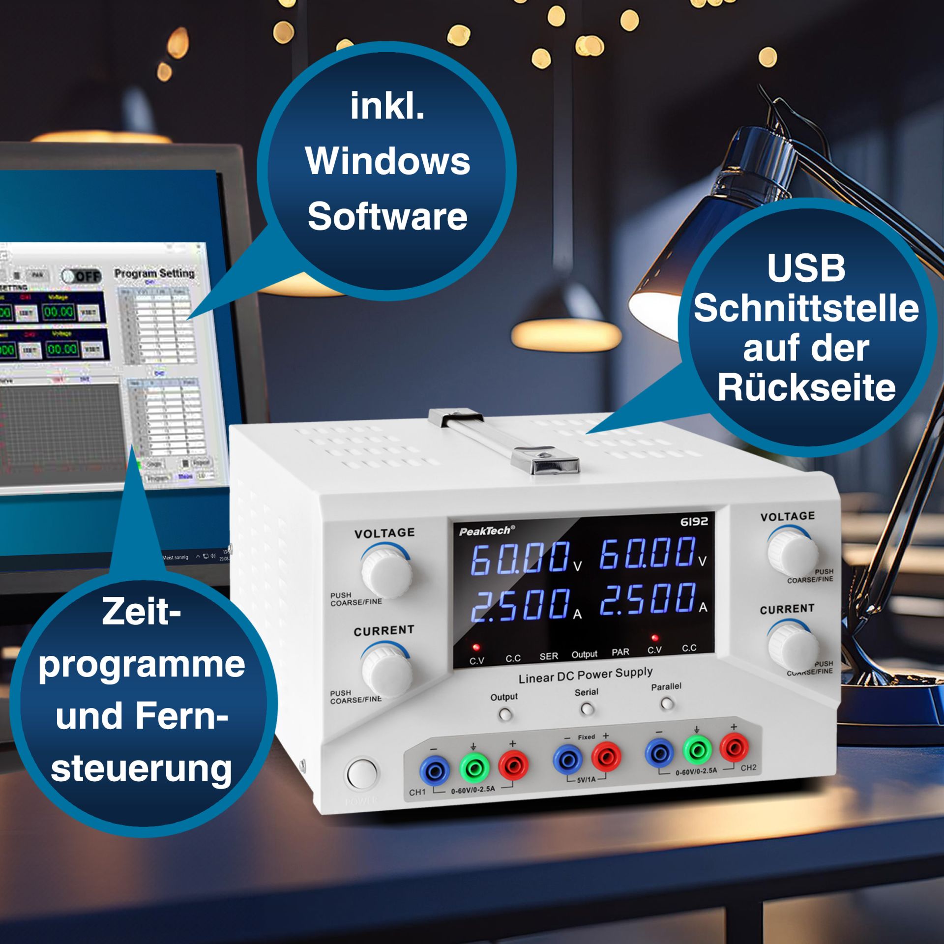 PeakTech P 6192 Digital Labornetzgerät 2x 0-60 V / 0-2,5 A DC & USB
