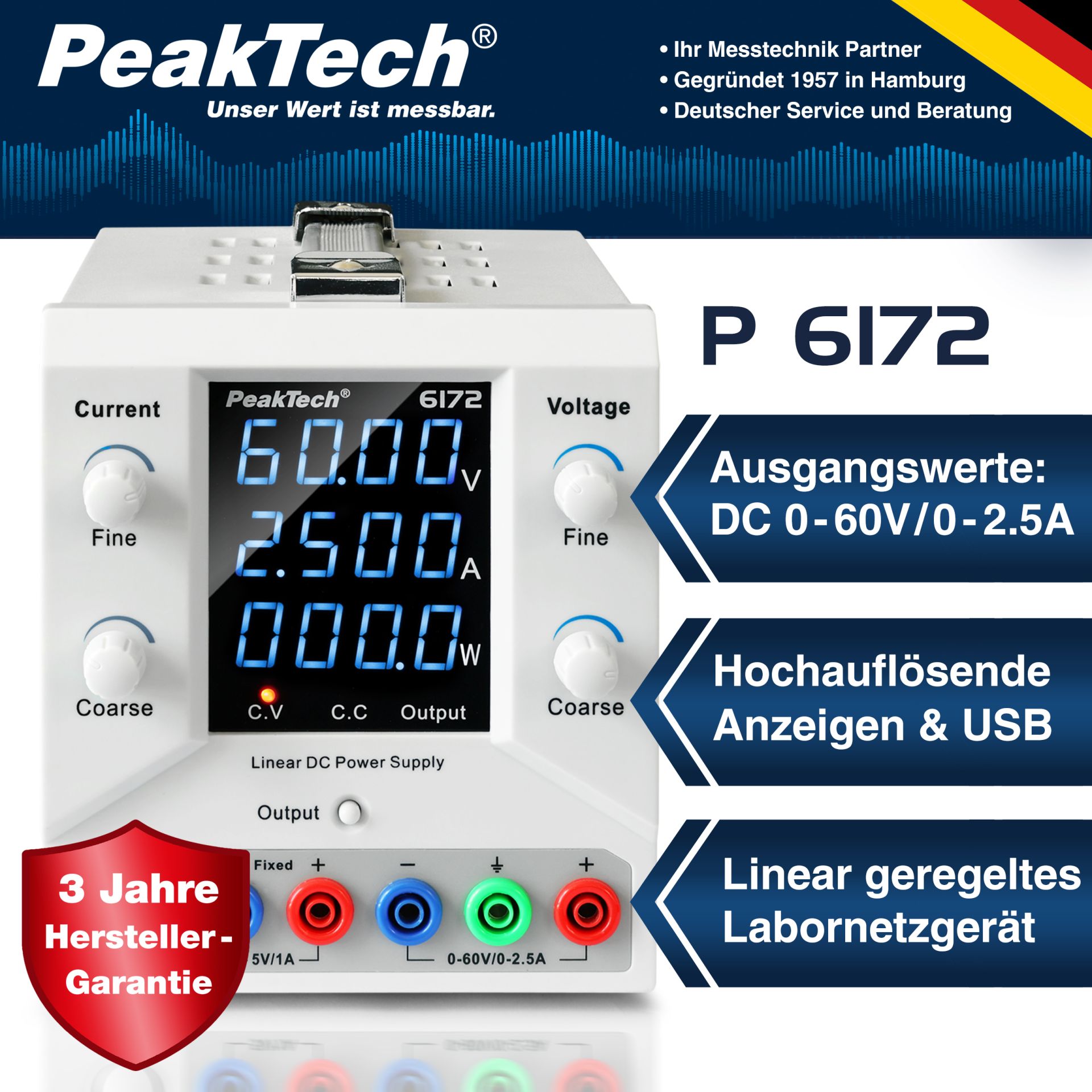 PeakTech P 6172 Digital Labornetzgerät 0-60 V / 0-2,5 A DC & USB