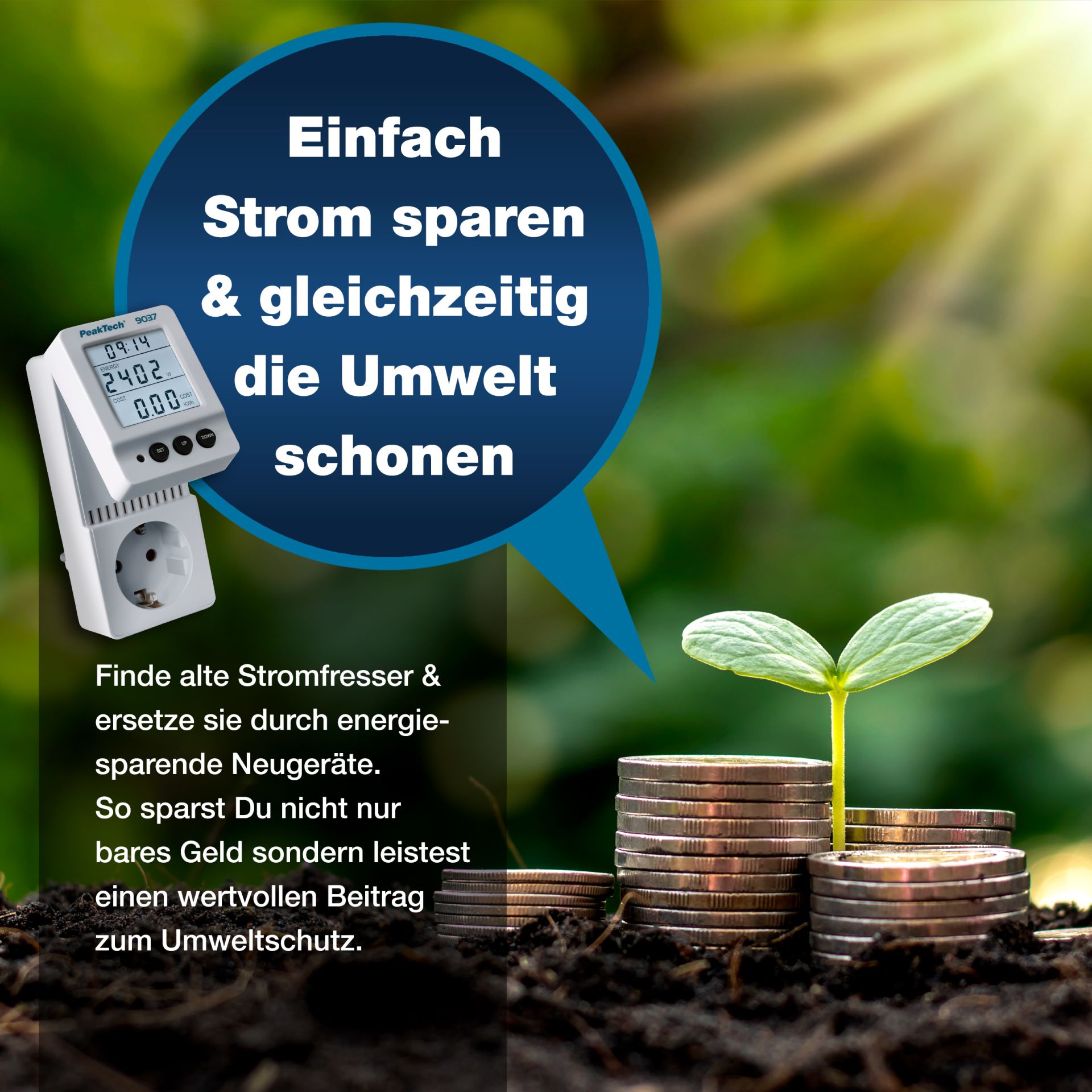 PeakTech P 9037 Energiekostenmessgerät 0,1W Auflösung mit schwenkbarem LCD