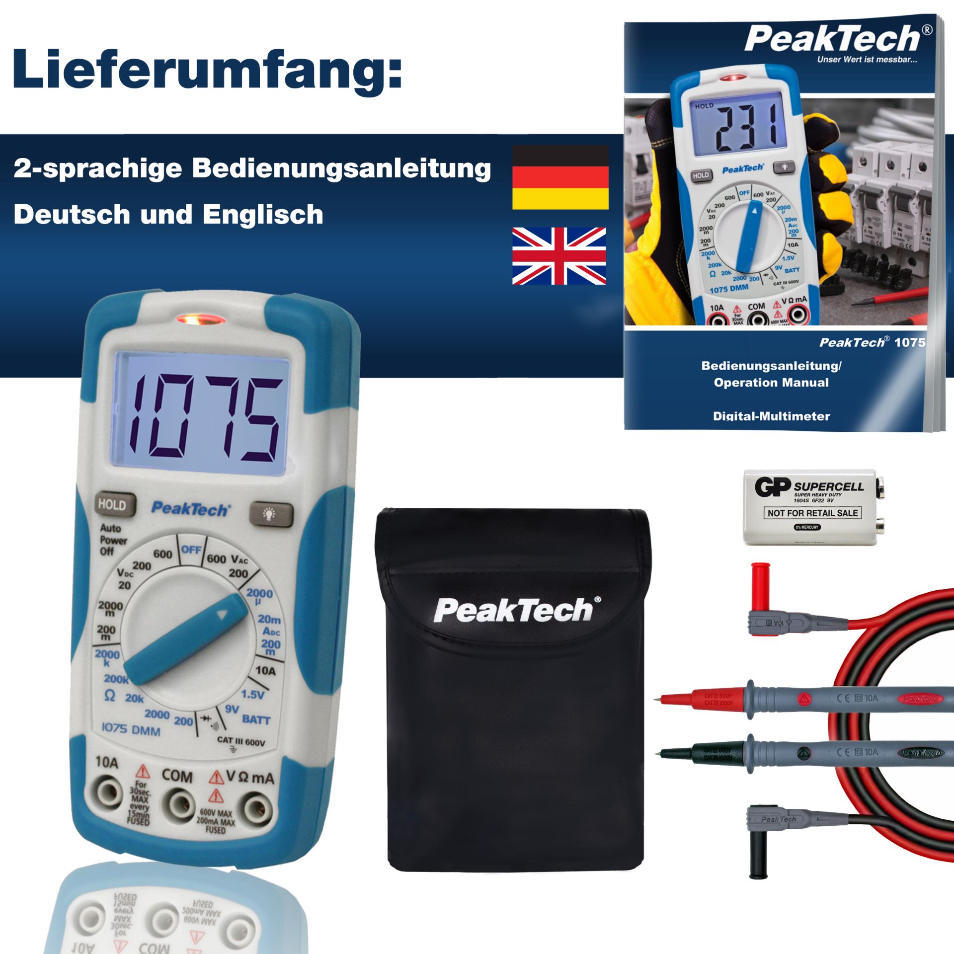 PeakTech P 1075 600V AC/DC Digitalmultimeter ~ 2000 stellige LCD