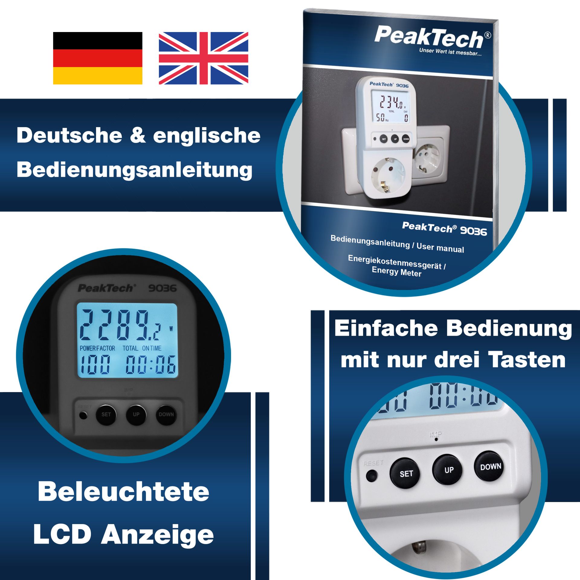PeakTech P 9036 Energiekostenmessgerät 0,1W Auflösung mit beleuchteter LCD